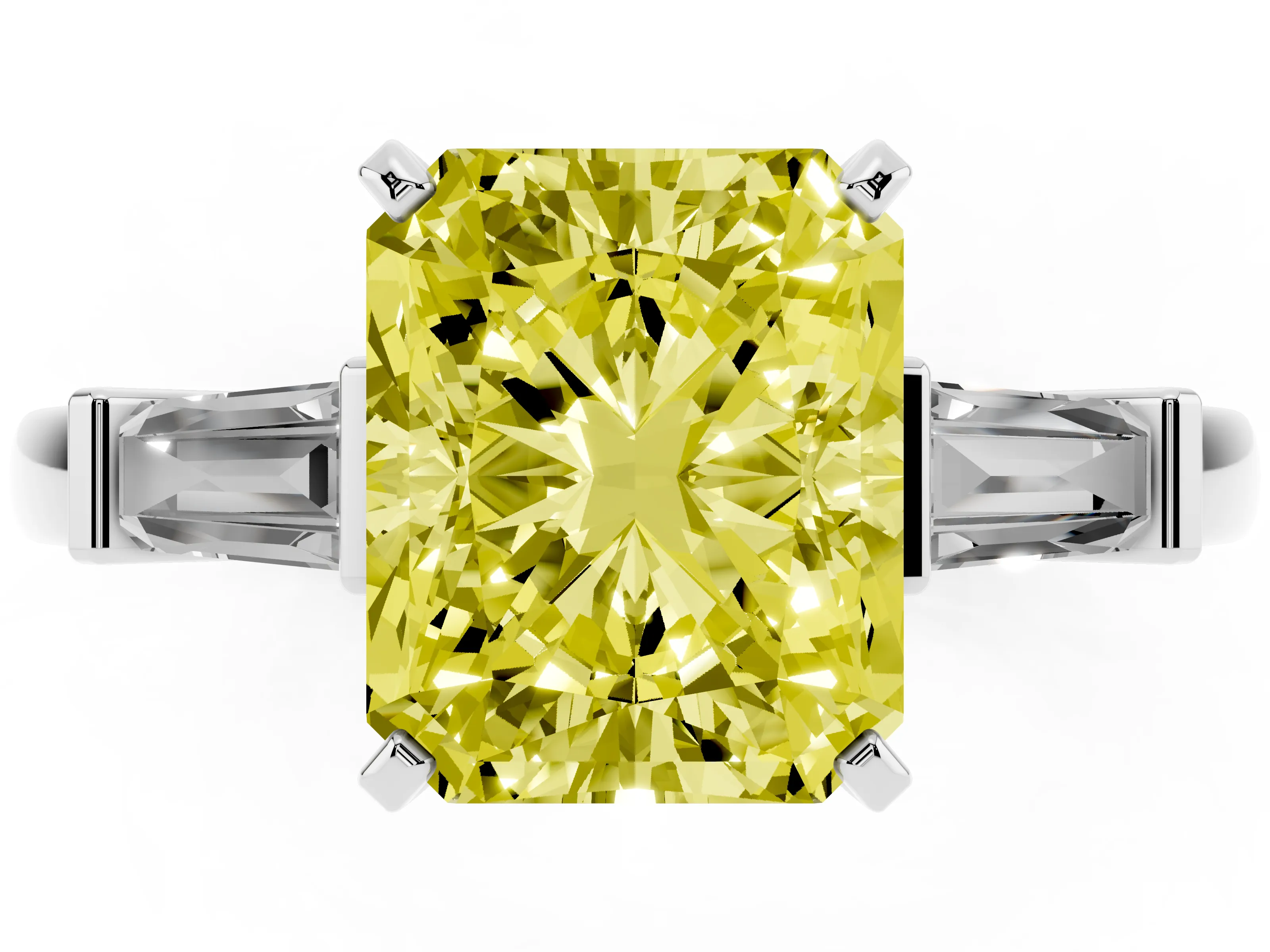 Fancy Yellow Radiant Cut Diamond Solitaire Ring Set in White gold with Tapered Baguette Accents and Prong Setting
