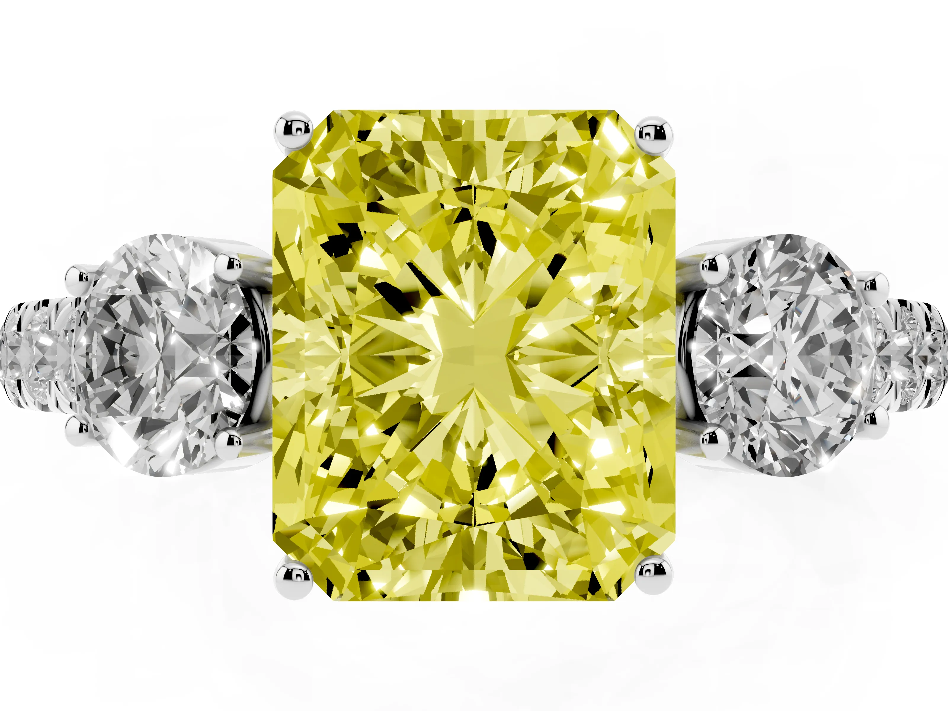 Fancy Yellow Radiant Cut Diamond Three-Stone Ring Set in Silver with Round Side Stones and Delicate Pavé Band