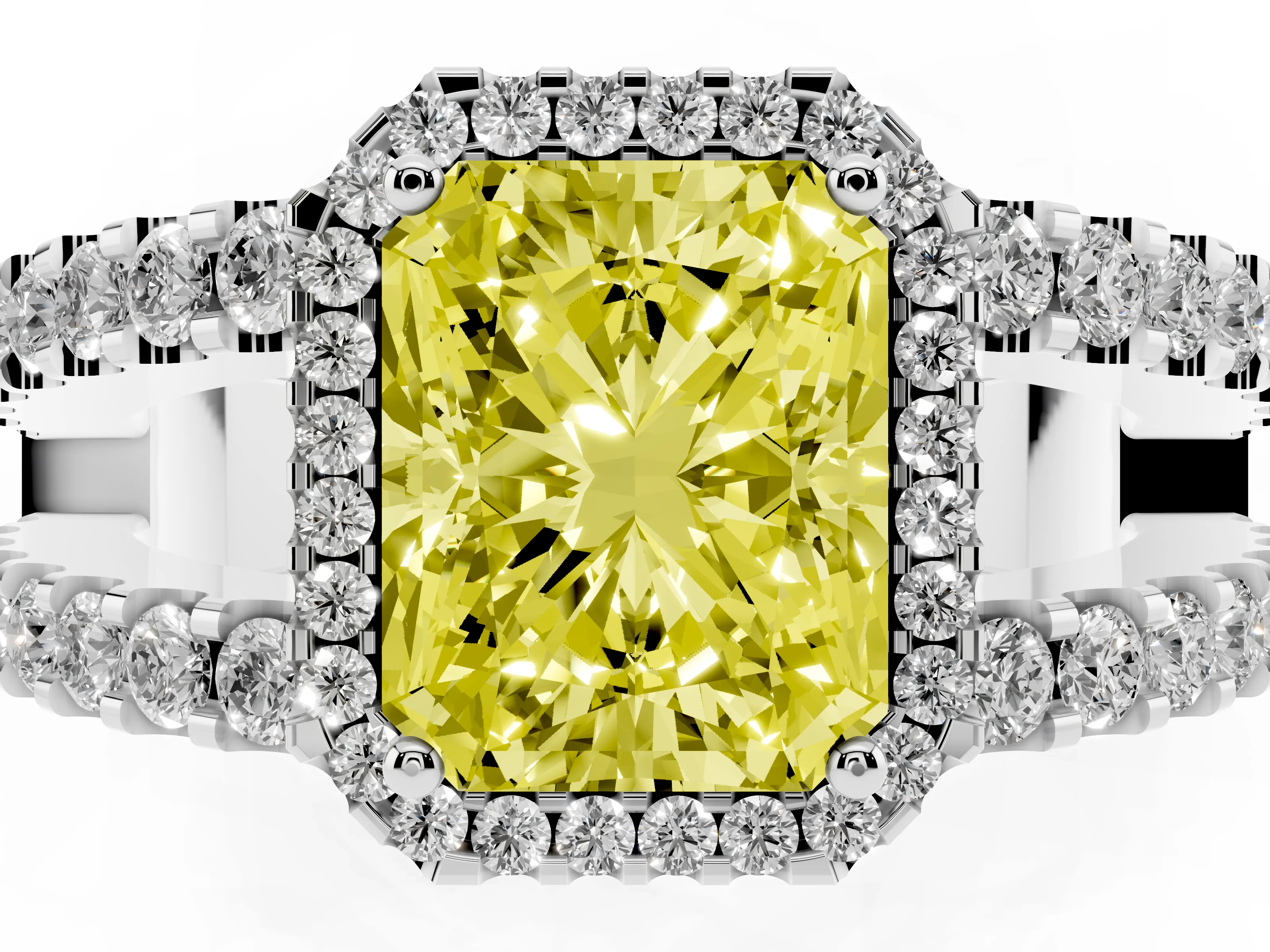 Fancy Yellow Radiant Cut Diamond Halo Ring Set in Silver with Pavé Split Shank and Prong Setting