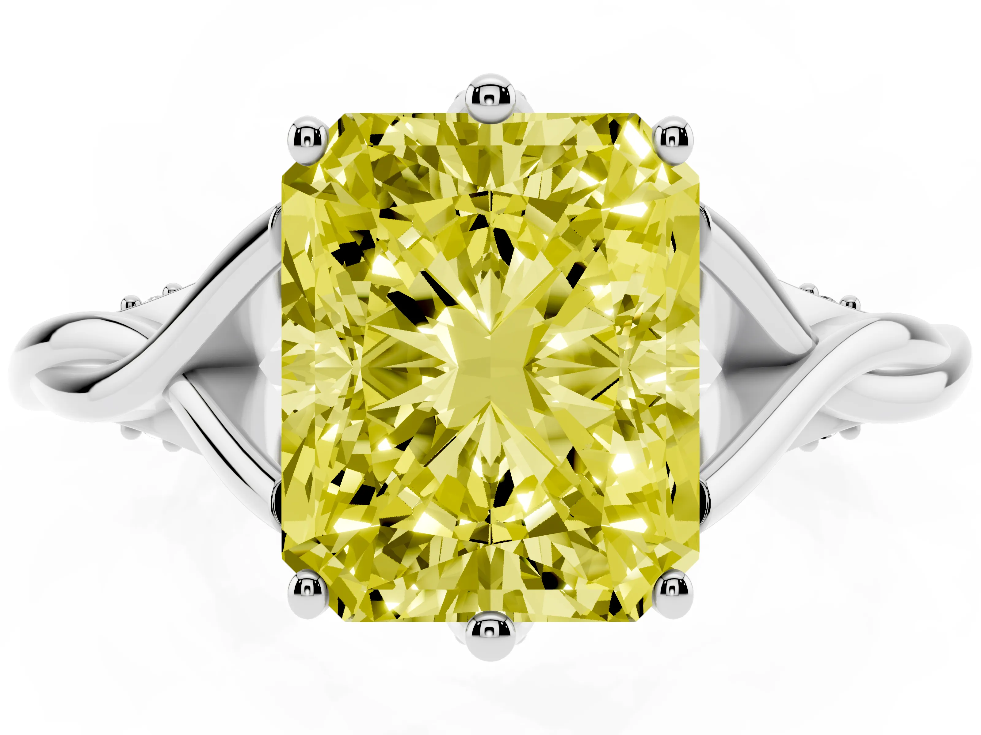 Fancy Yellow Radiant Cut Diamond Intertwined Twist Band Solitaire Ring Set in White gold with Prong Setting