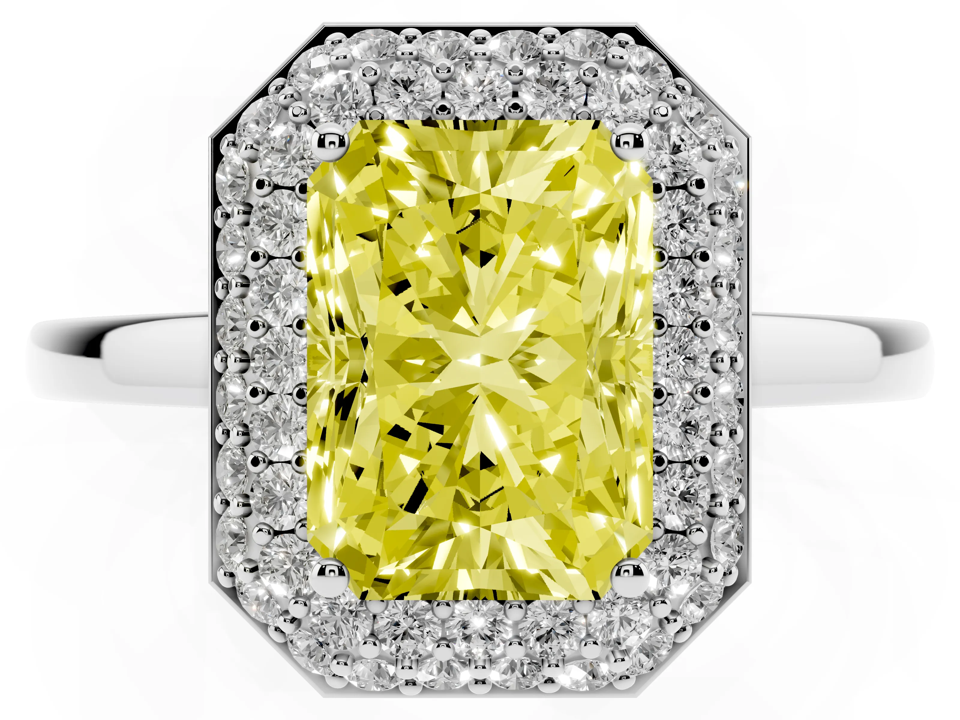 Fancy Yellow Radiant Cut Diamond Halo Engagement Ring Set in Platinum with Solitaire Band and Prong Setting