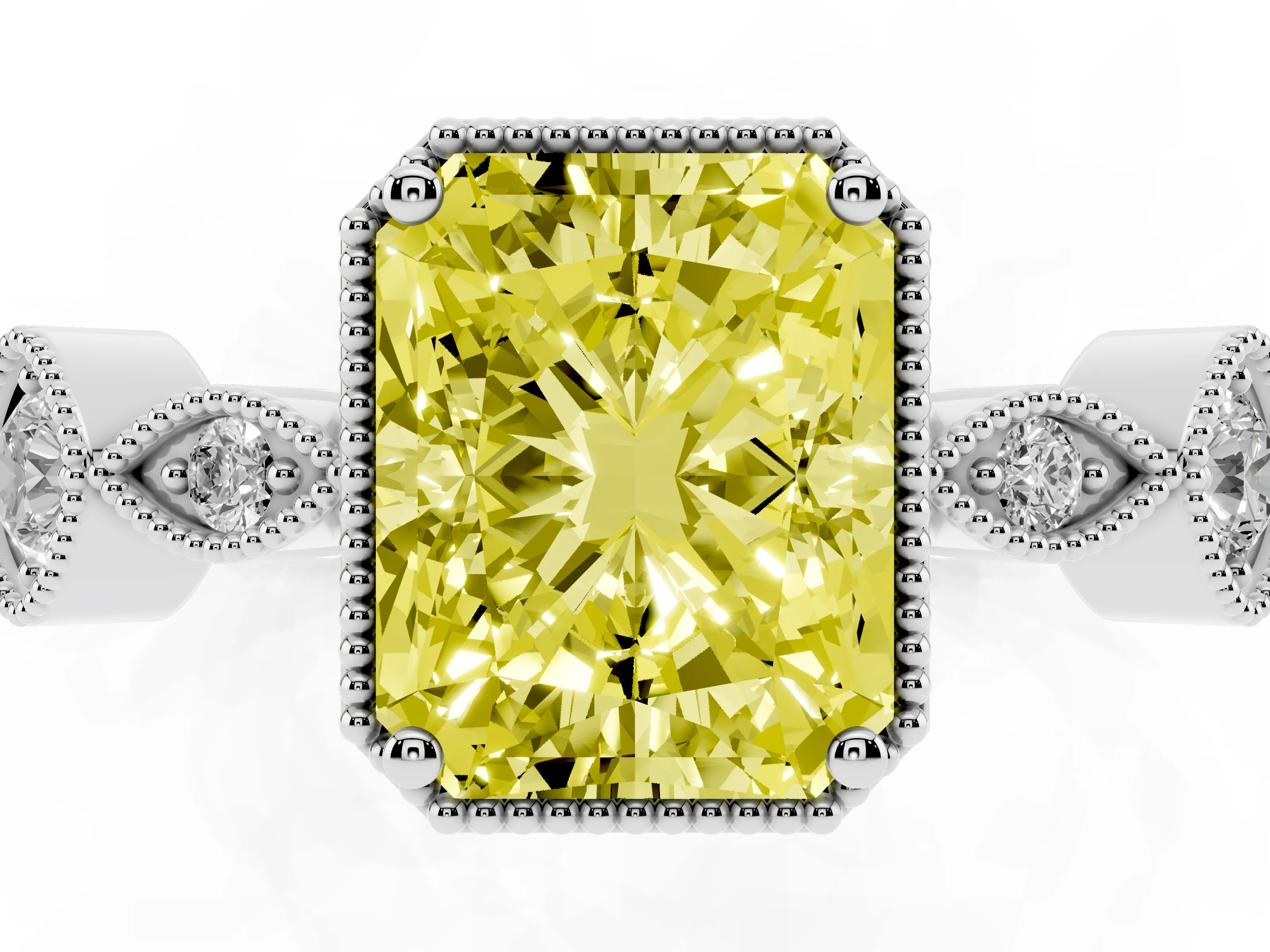 Fancy Yellow Radiant Cut Diamond Vintage-Inspired Milgrain Ring Set in Silver with Marquise Stations of Round Accents