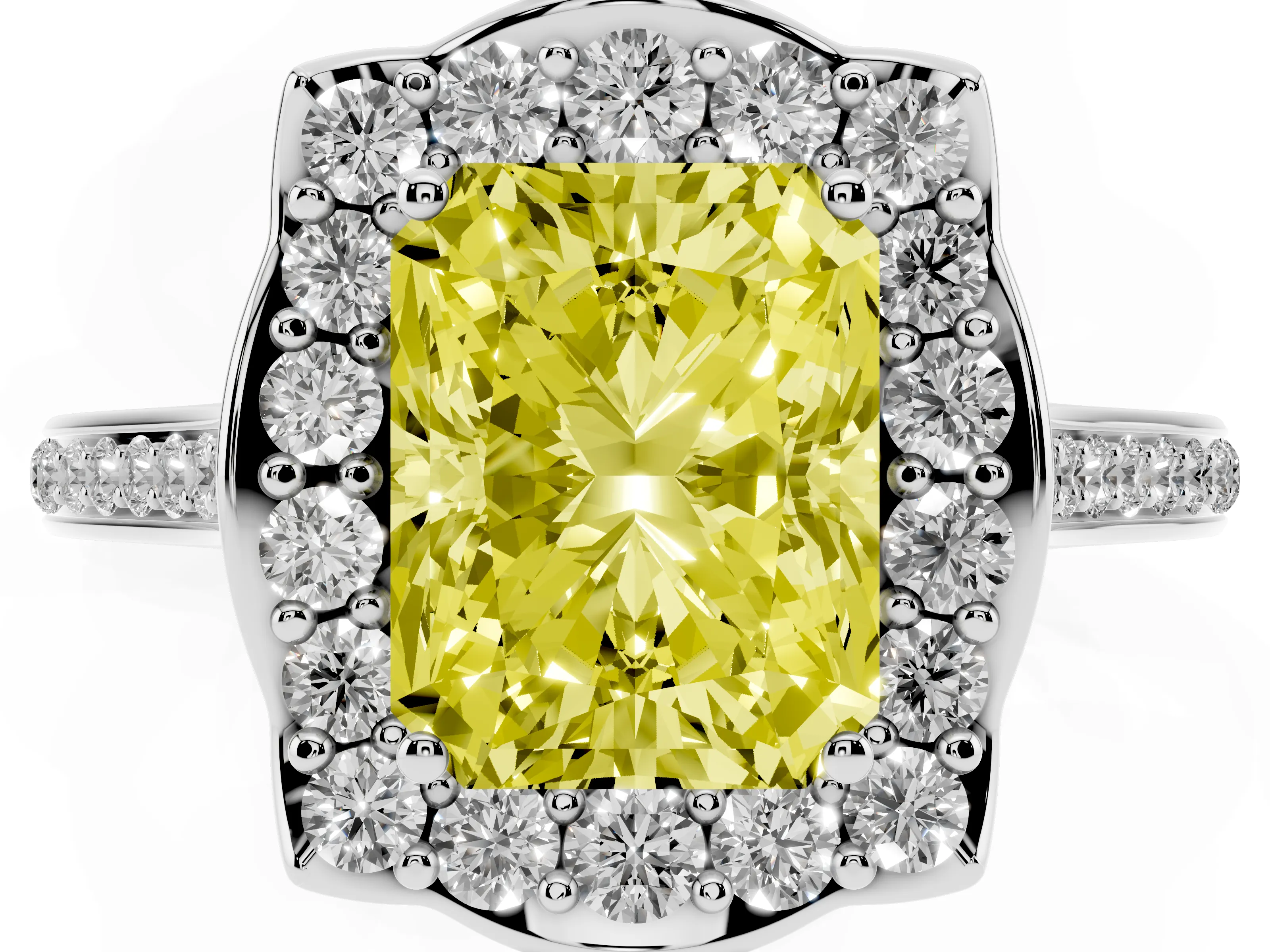 Fancy Yellow Radiant Cut Diamond Halo Ring Set in White gold with Pavé-Lined Shoulders and Prong Setting