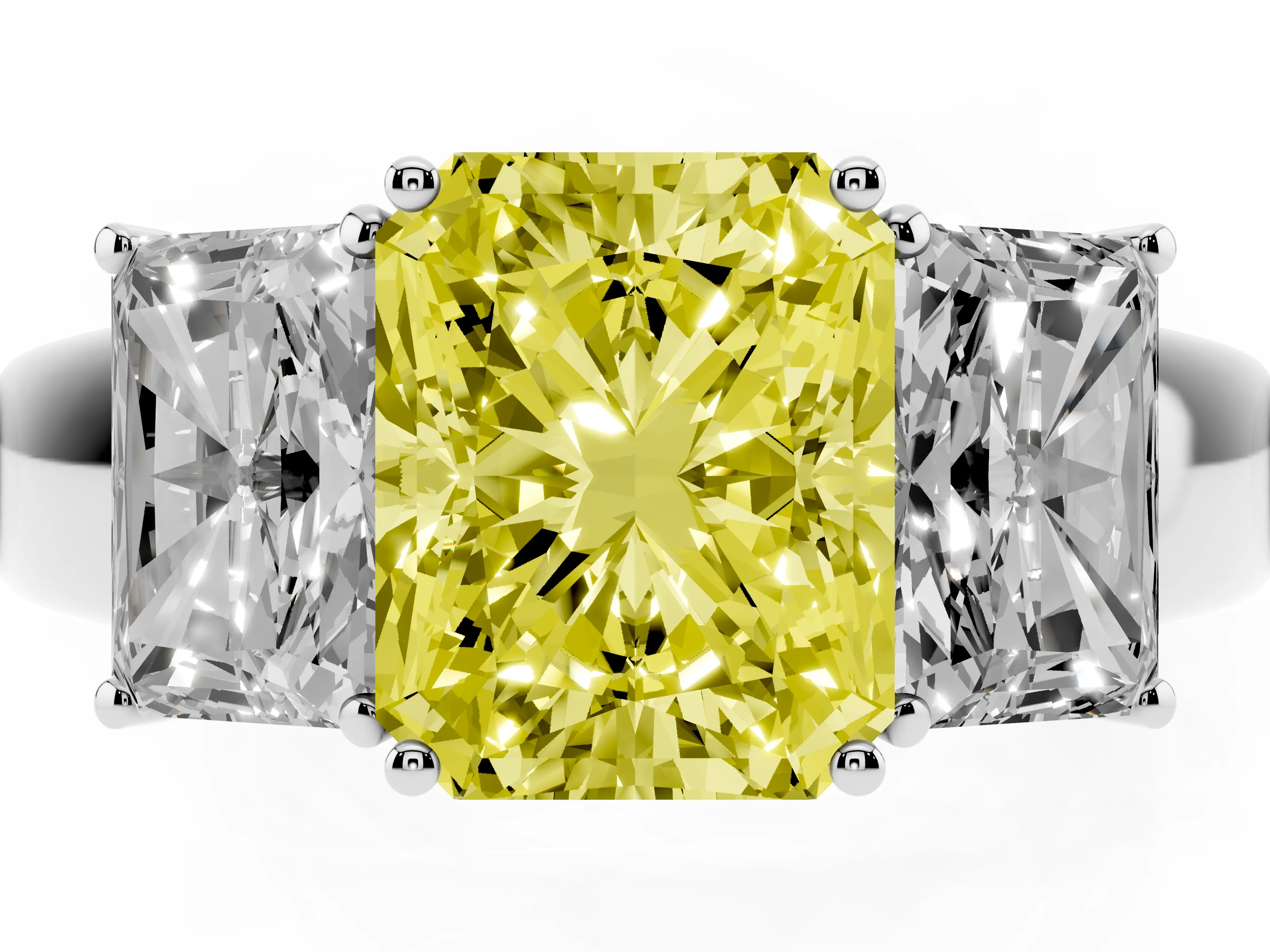 Fancy Yellow Three-Stone Radiant Cut Diamond Ring Set in Silver with Matching Prong Settings and Plain Band