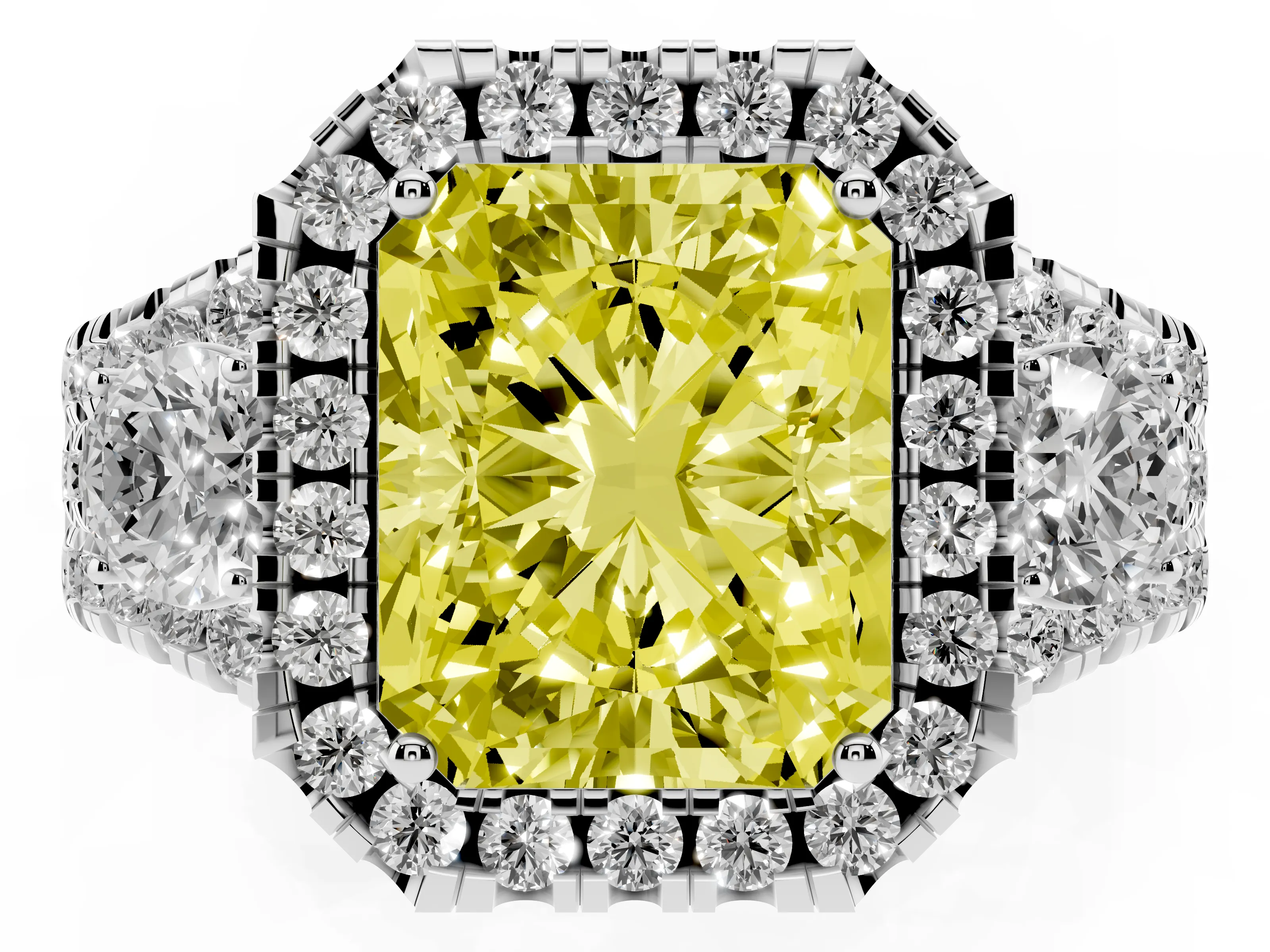 Fancy Yellow Radiant Cut Diamond Halo Split Shank Ring Set in Silver with Round Accent Stones and Prong Setting