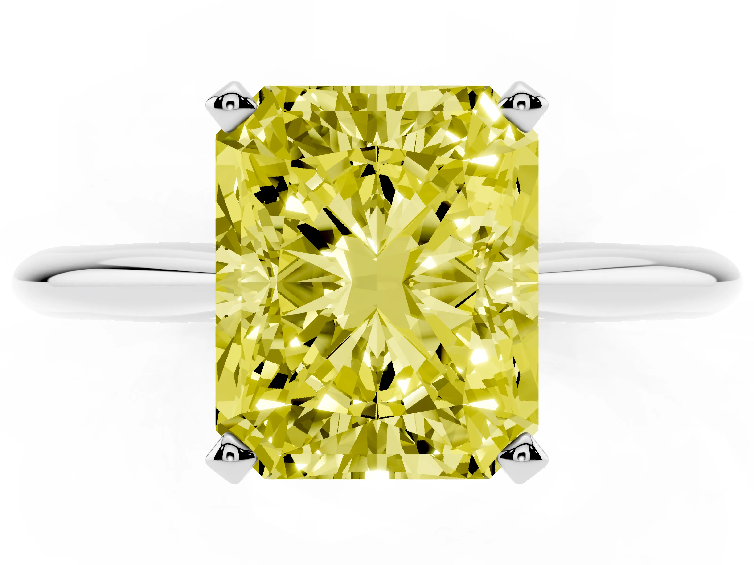 Fancy Yellow Radiant Cut Diamond Solitaire Ring Set in White gold with Prong Setting on a Plain Round Band