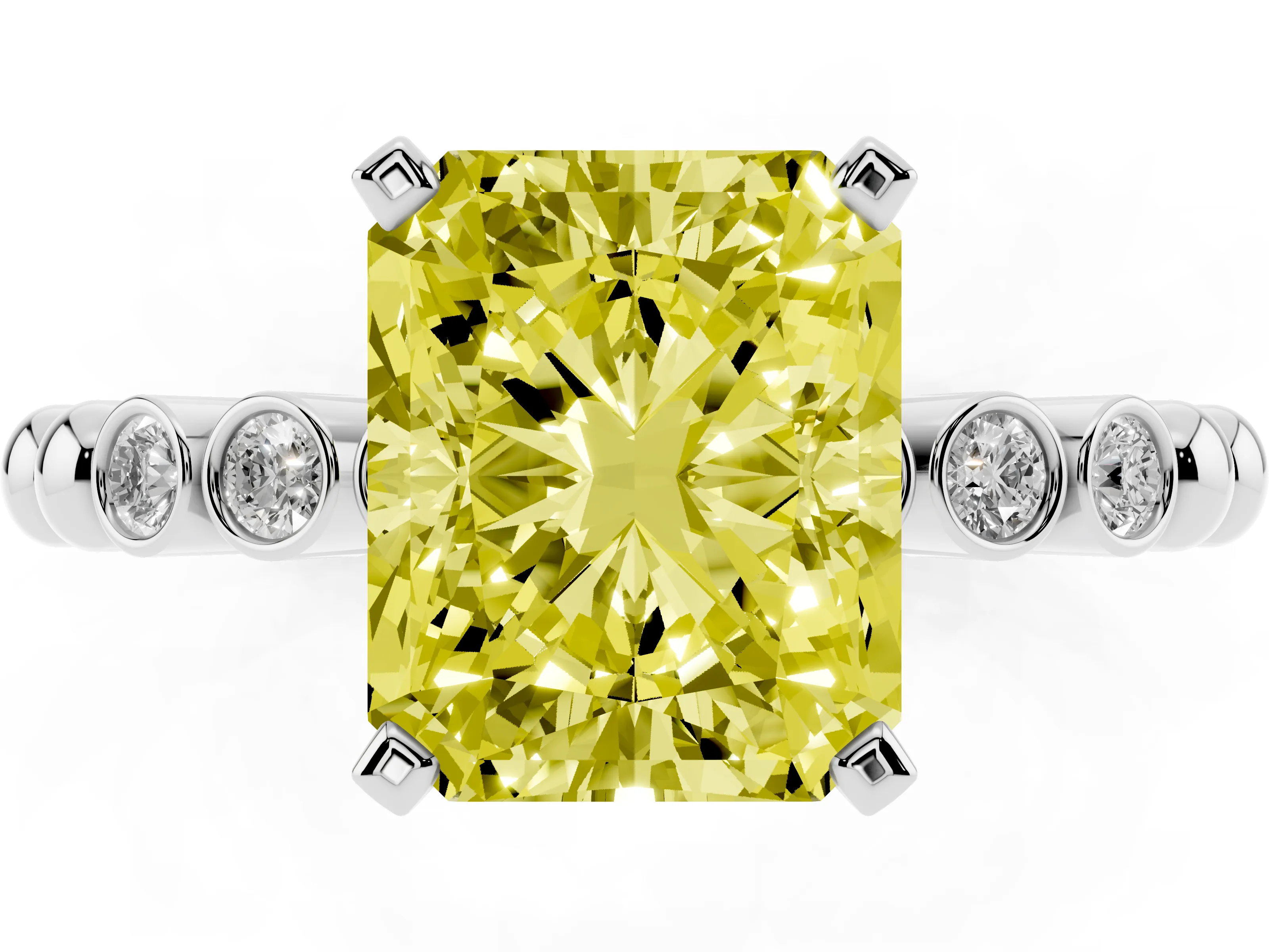 Fancy Yellow Radiant Cut Diamond Solitaire Engagement Ring Set in White gold with Bezel Accents on Beaded Band