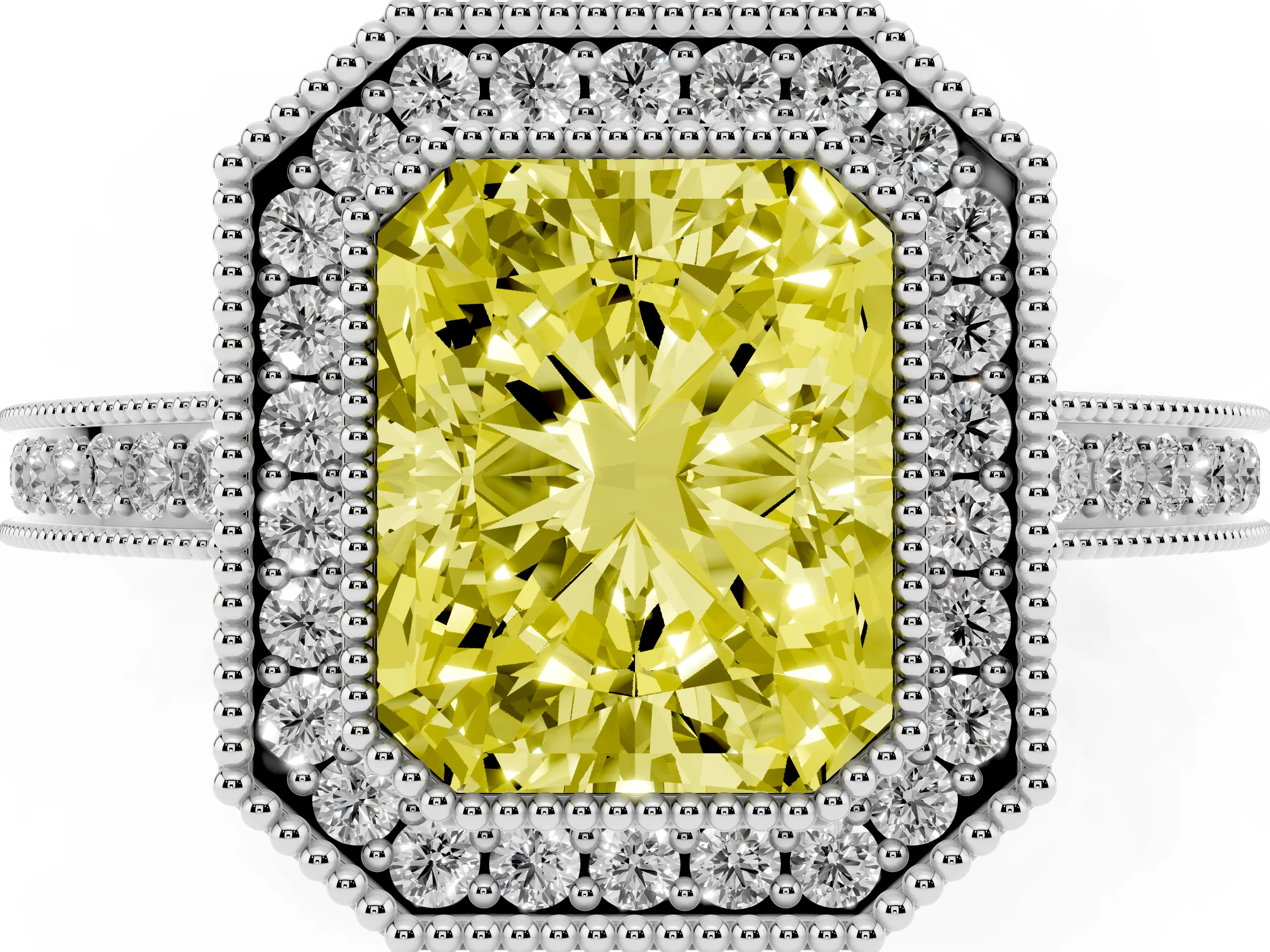 Fancy Yellow Radiant Cut Diamond Halo Ring Set in White gold with Pavé Band and Milgrain-Edged Prongs