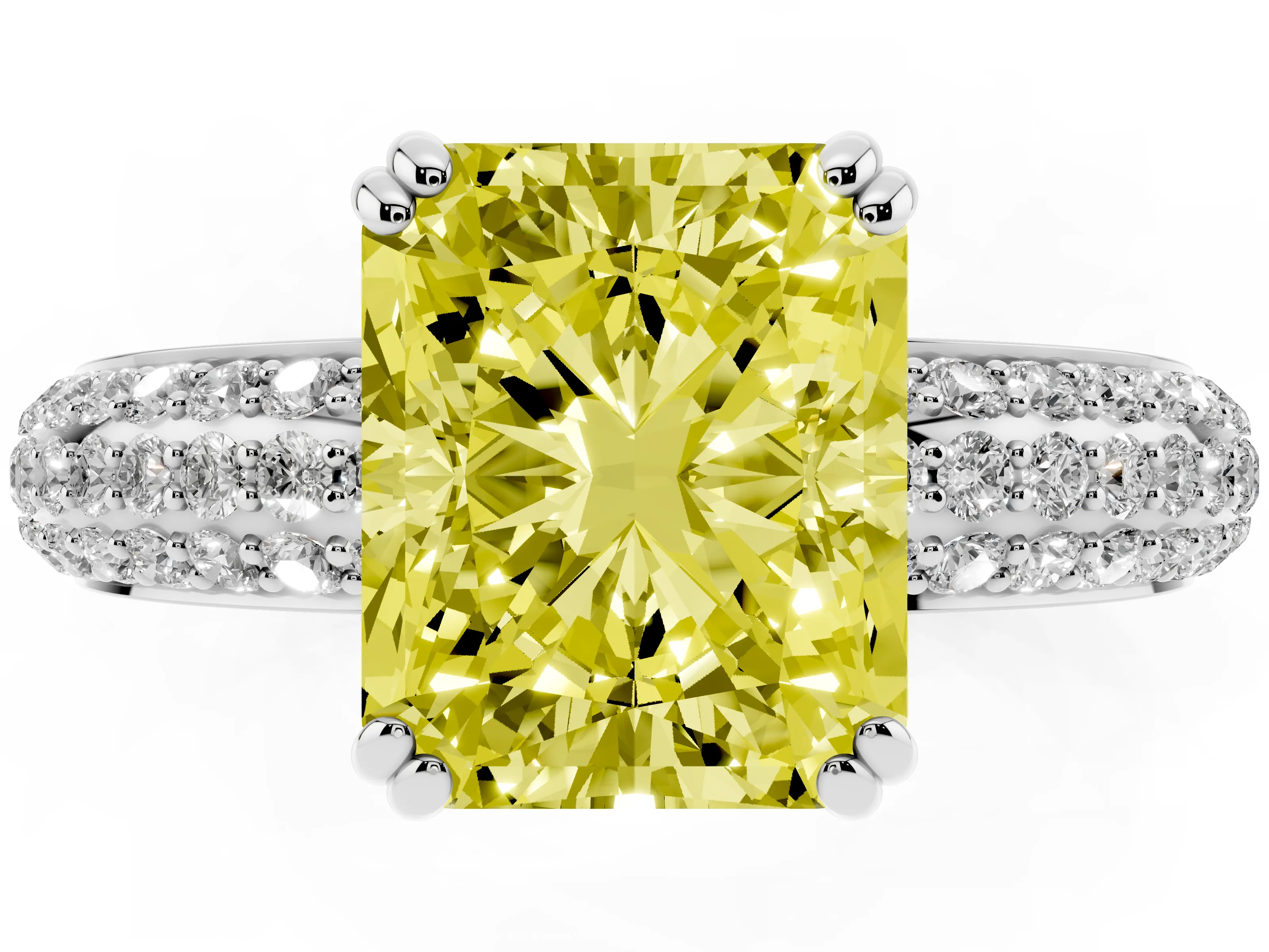 Fancy Yellow Radiant Cut Diamond Solitaire Ring Set in Platinum with Multi-Row Round Pavé Band and Prong Setting