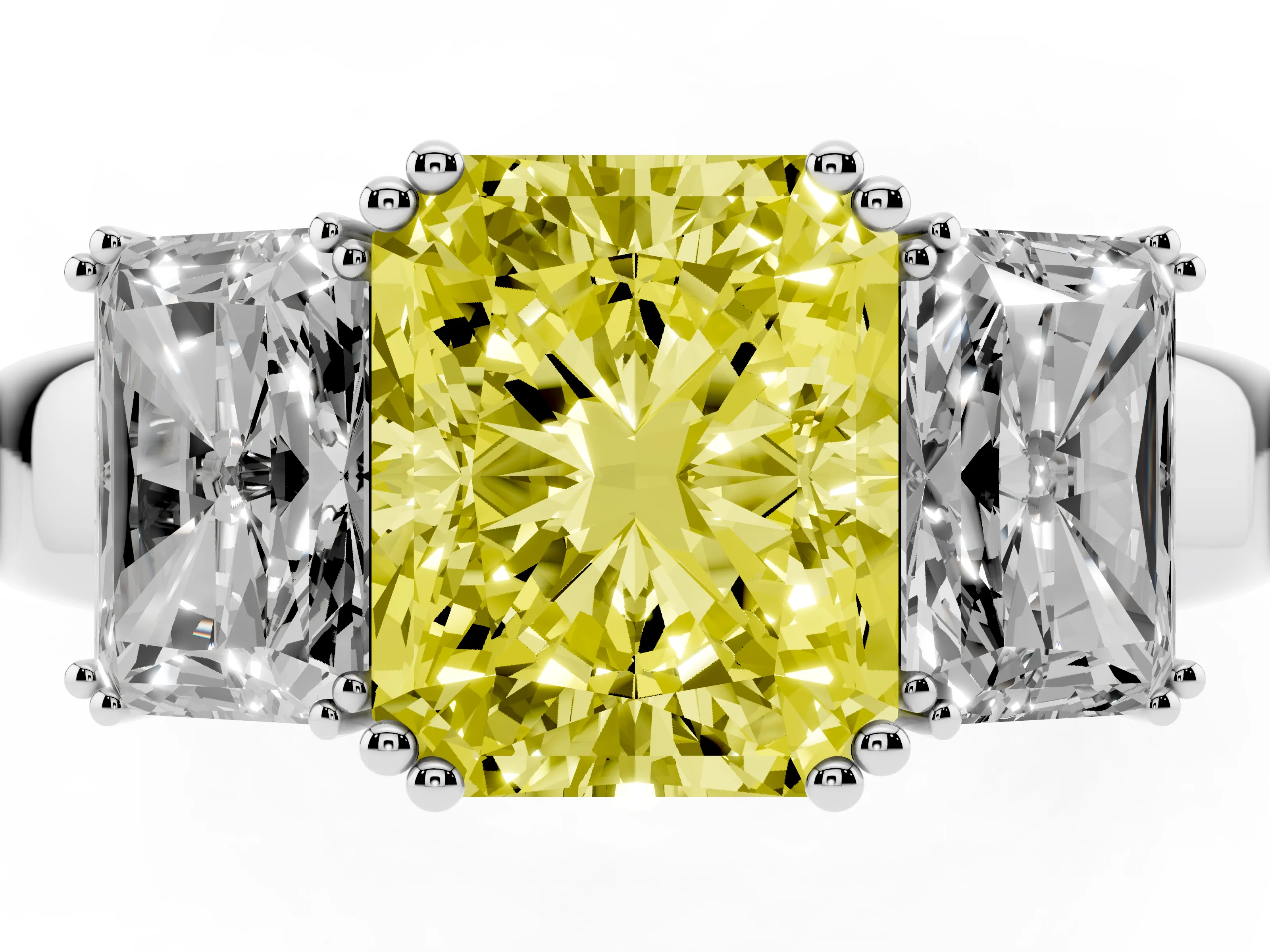 Fancy Yellow Radiant Cut Diamond Three-Stone Ring Set in Platinum with Polished Channel-Set Band