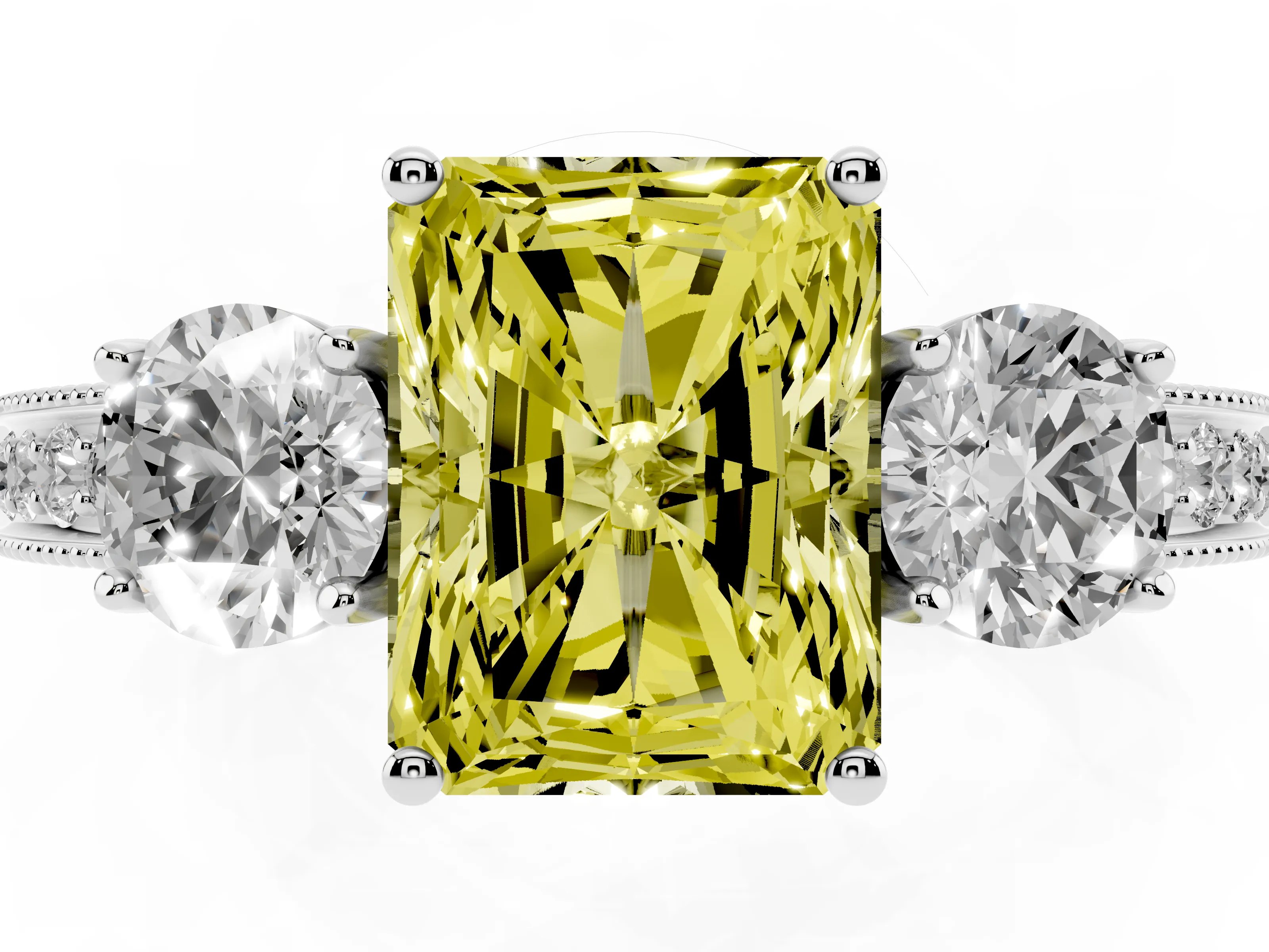 Fancy Yellow Radiant Cut Diamond Three-Stone Ring Set in Silver with Round Side Stones and Pavé Band