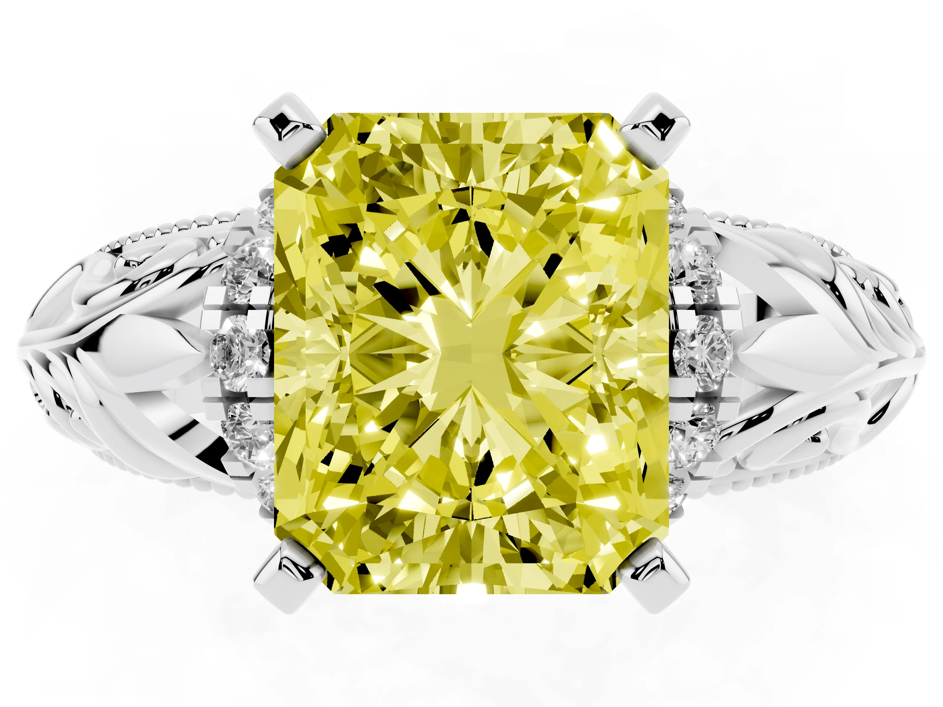 Fancy Yellow Radiant Cut Diamond Filigree Halo Engagement Ring Set in White gold with Prong Setting