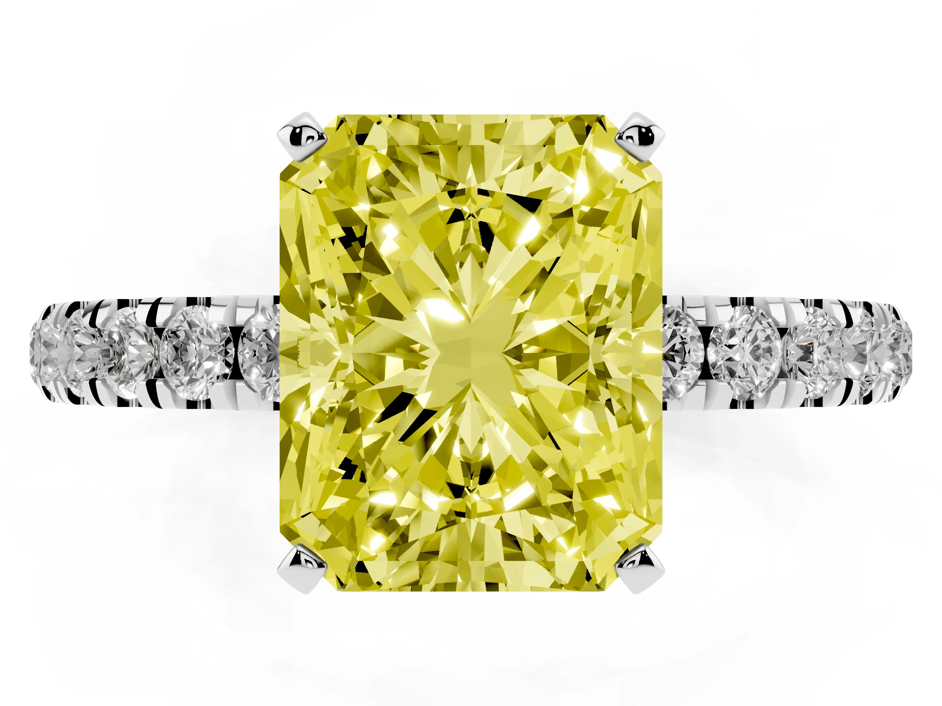 Fancy Yellow Radiant Cut Diamond Solitaire Ring Set in Silver with Pavé Accents and Prong Setting