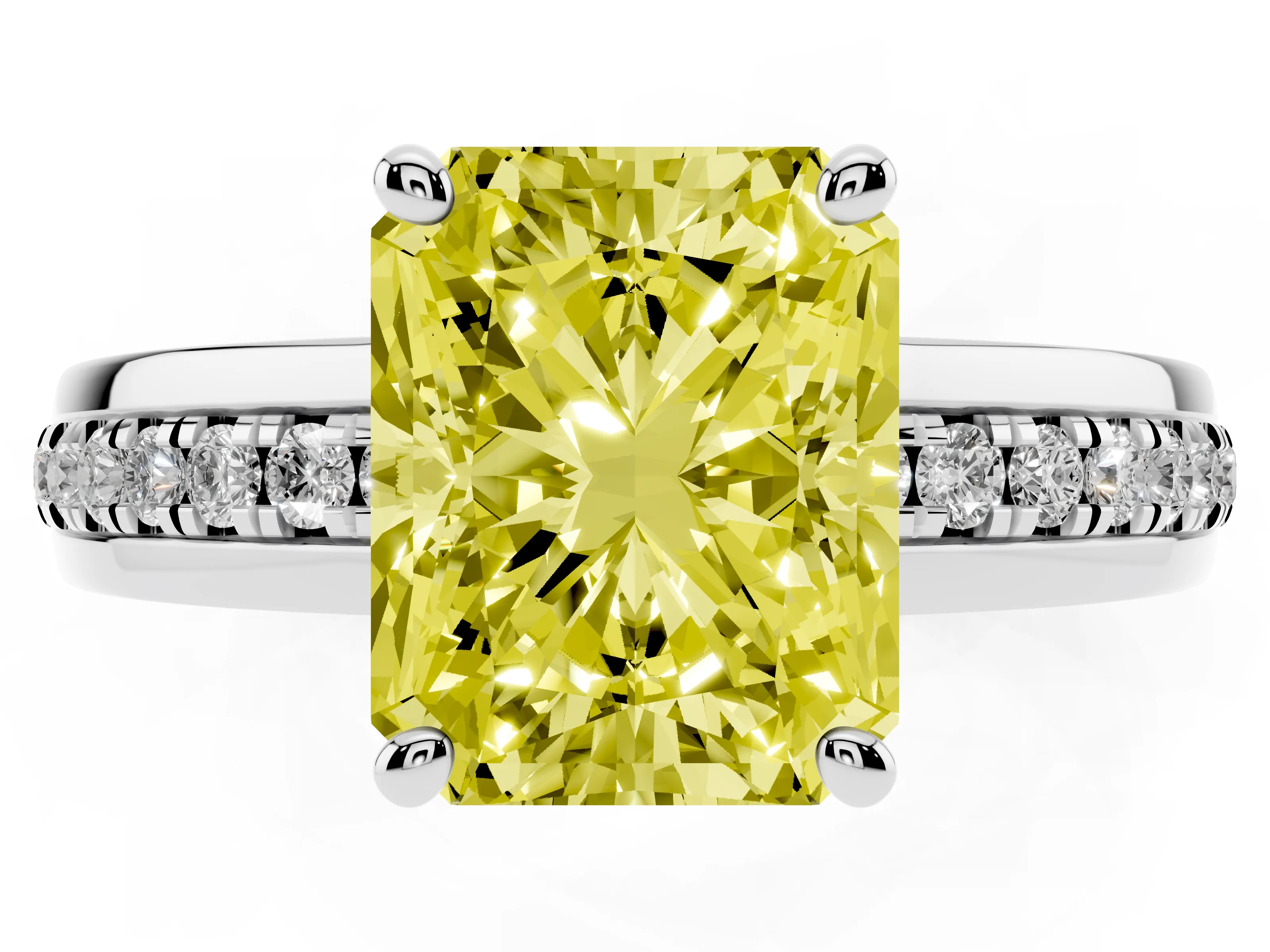 Fancy Yellow Radiant Cut Diamond Solitaire Ring Set in White gold with Channel Set Band and Prong Setting