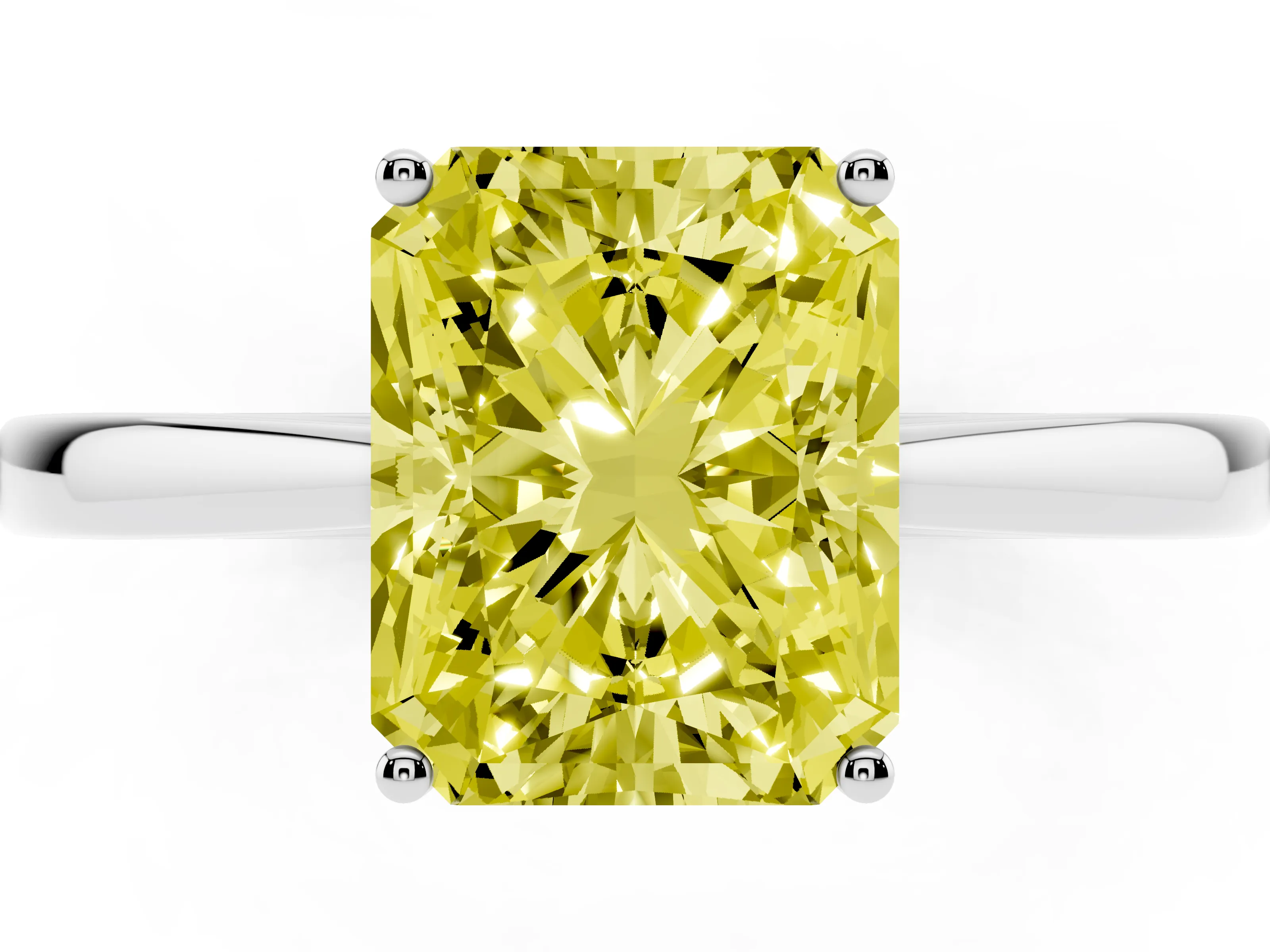 Fancy Yellow Radiant Cut Diamond Solitaire Ring Set in Silver with Split Shank and Prong Setting