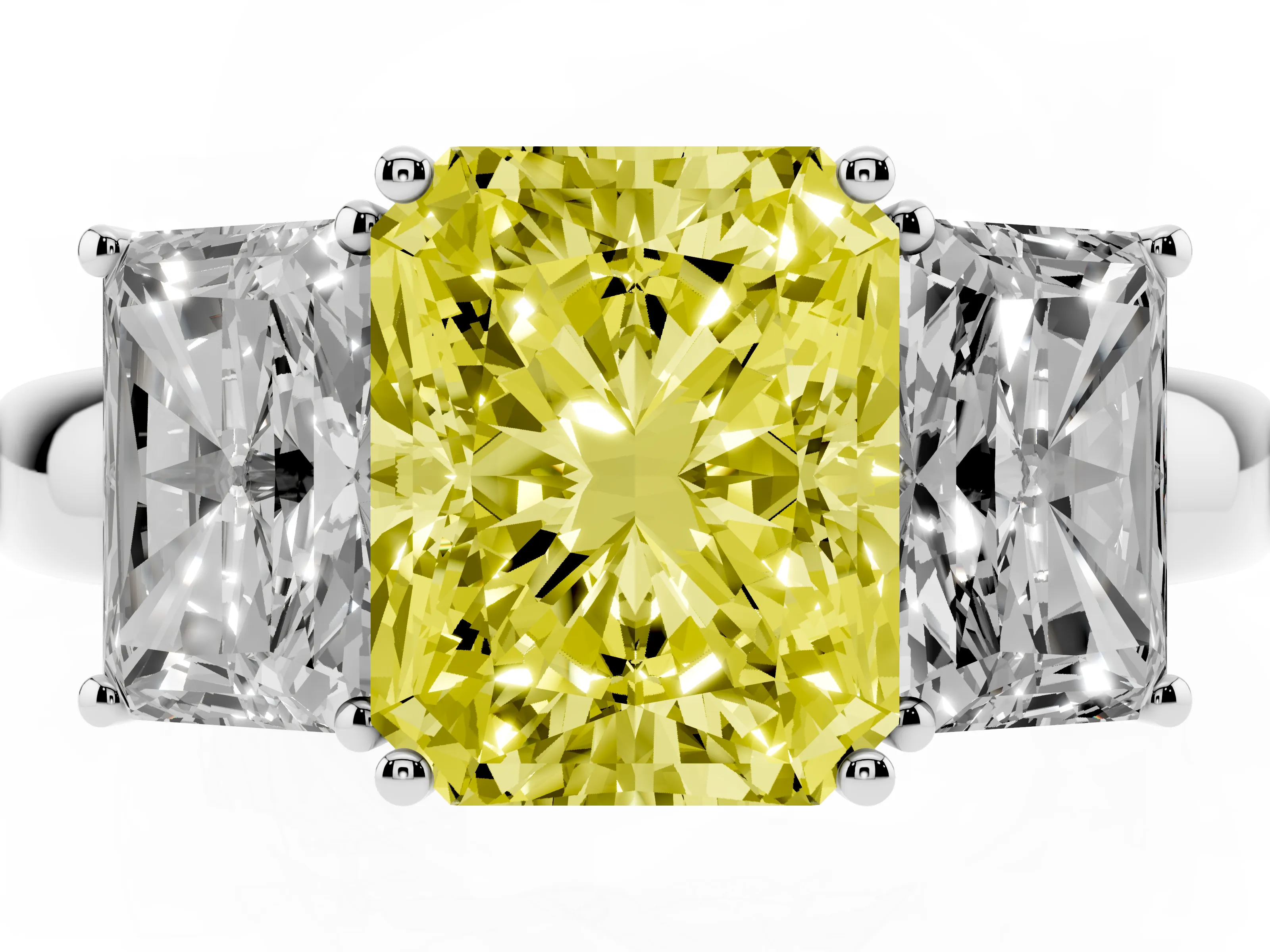 Fancy Yellow Radiant Cut Diamond Three-Stone Ring Set in White gold with Bold Center and Classic Band