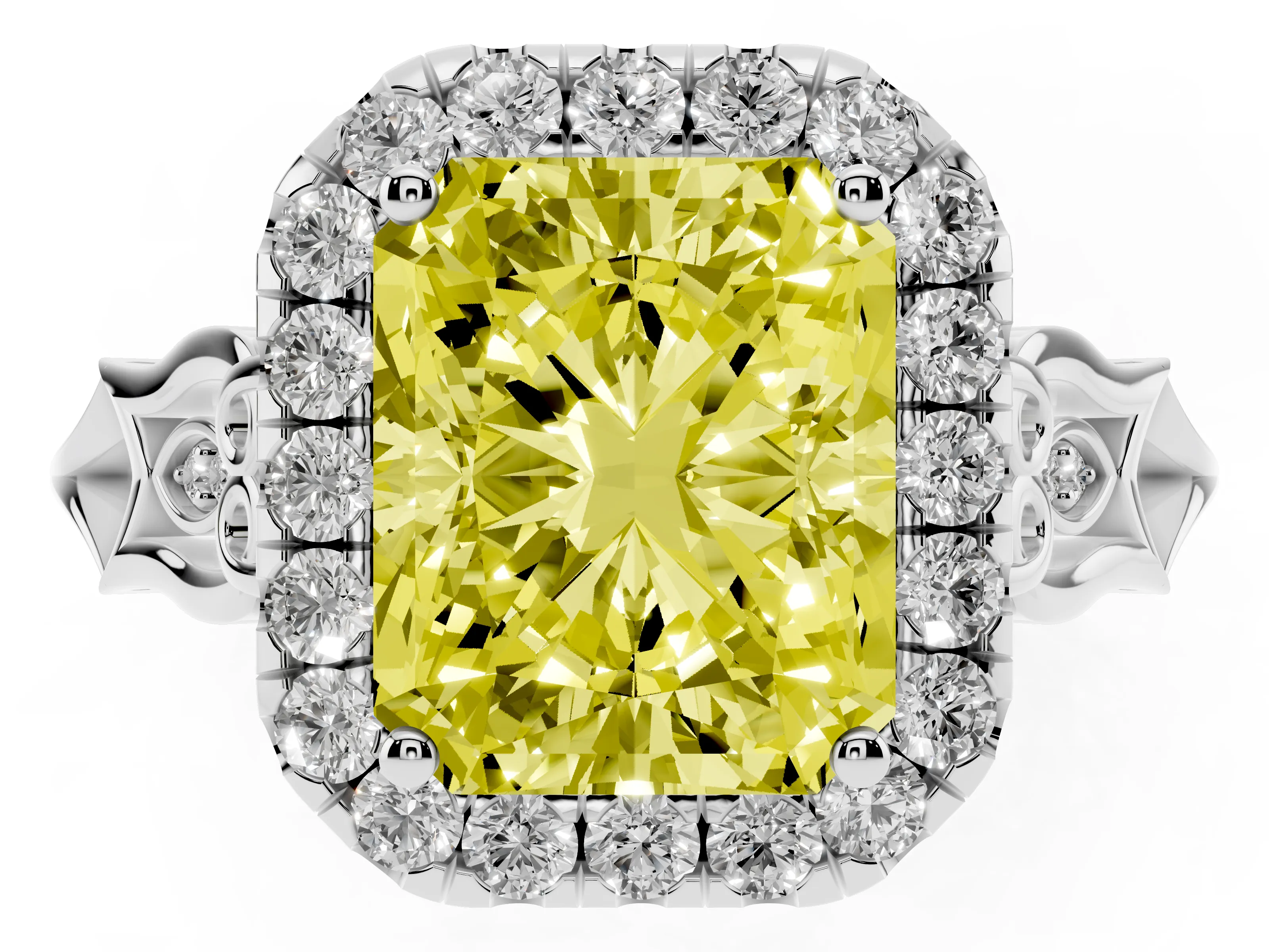 Fancy Yellow Radiant Cut Diamond Halo Engagement Ring Set in White gold with Filigree Band and Prong-Set Center