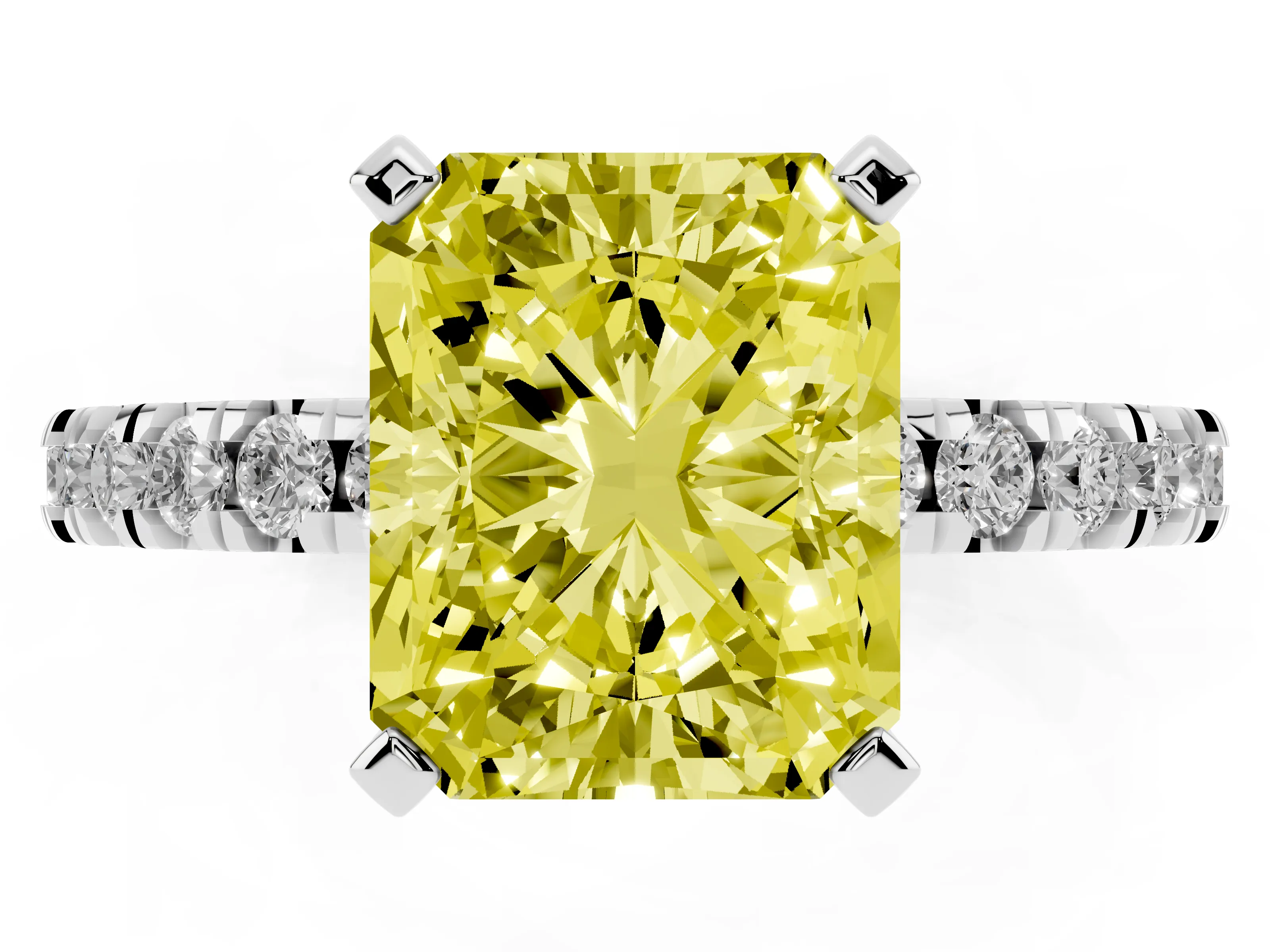 Fancy Yellow Radiant Cut Diamond Pavé Band Solitaire Set in Silver with Prong Setting