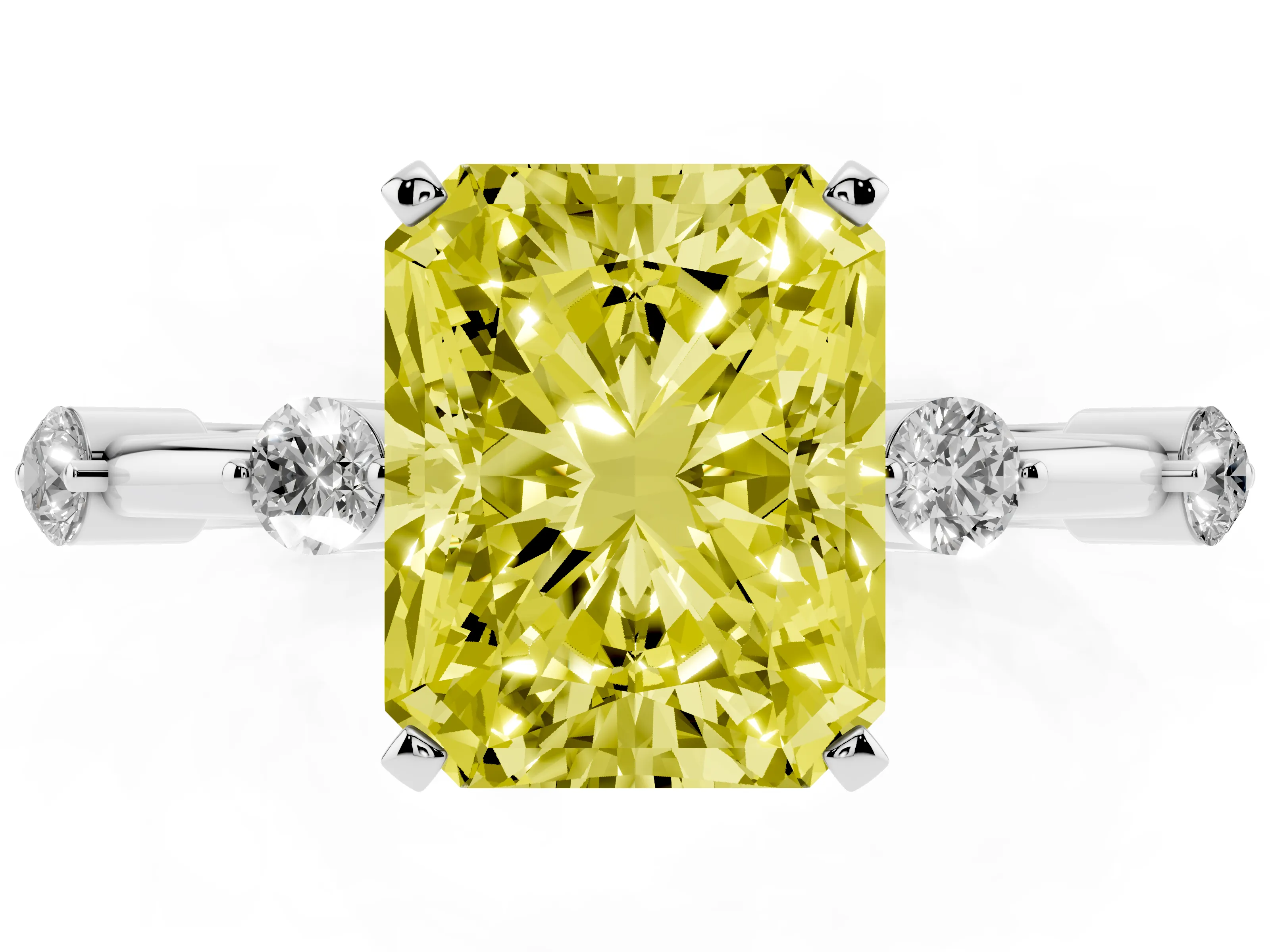 Fancy Yellow Radiant Cut Diamond Solitaire Ring Set in Silver with Bezel Set Side Stones and Prong Setting
