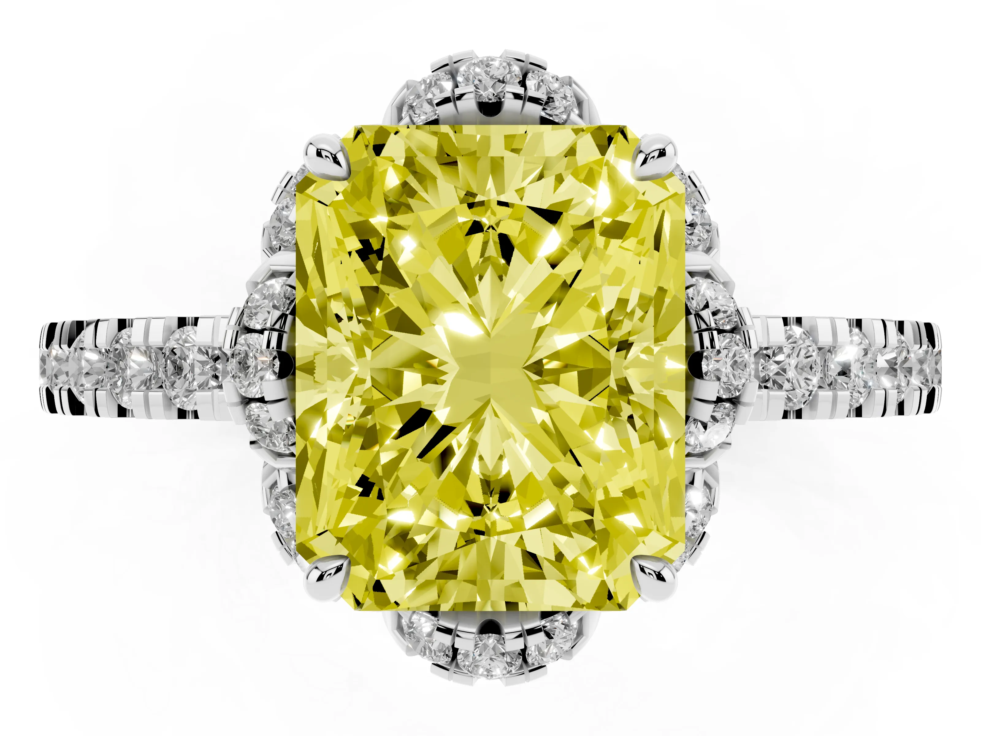 Fancy Yellow Radiant Cut Diamond Halo Pavé Band Ring Set in White gold with Prong-Held Center
