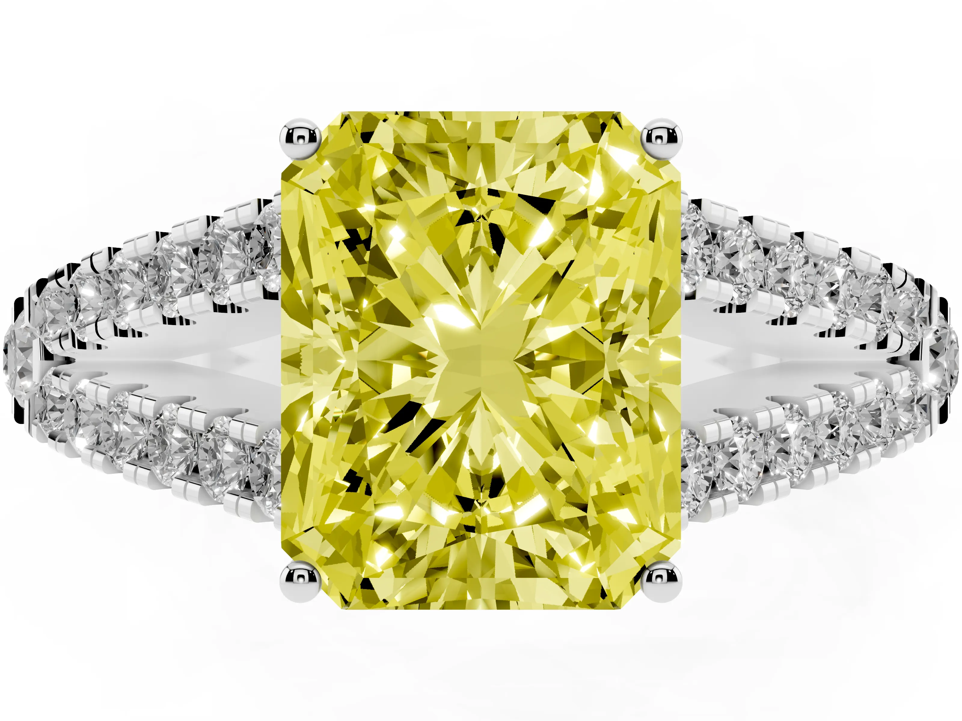 Fancy Yellow Radiant Cut Diamond Split Shank Pavé Engagement Ring Set in Platinum with Prong-Held Center Stone