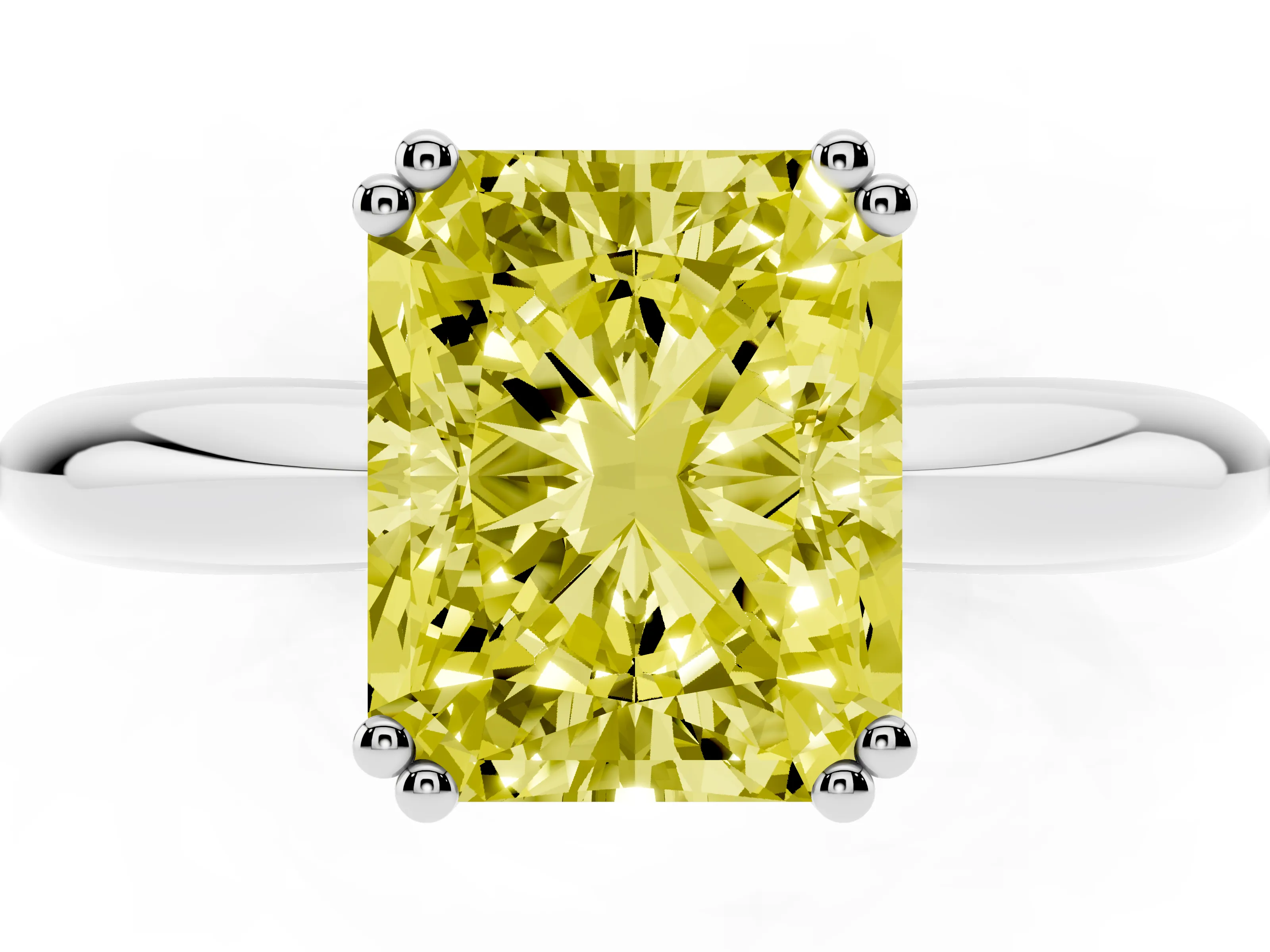 Fancy Yellow Radiant Cut Diamond Solitaire Engagement Ring Set in White gold with Tapered Band and Prong Setting