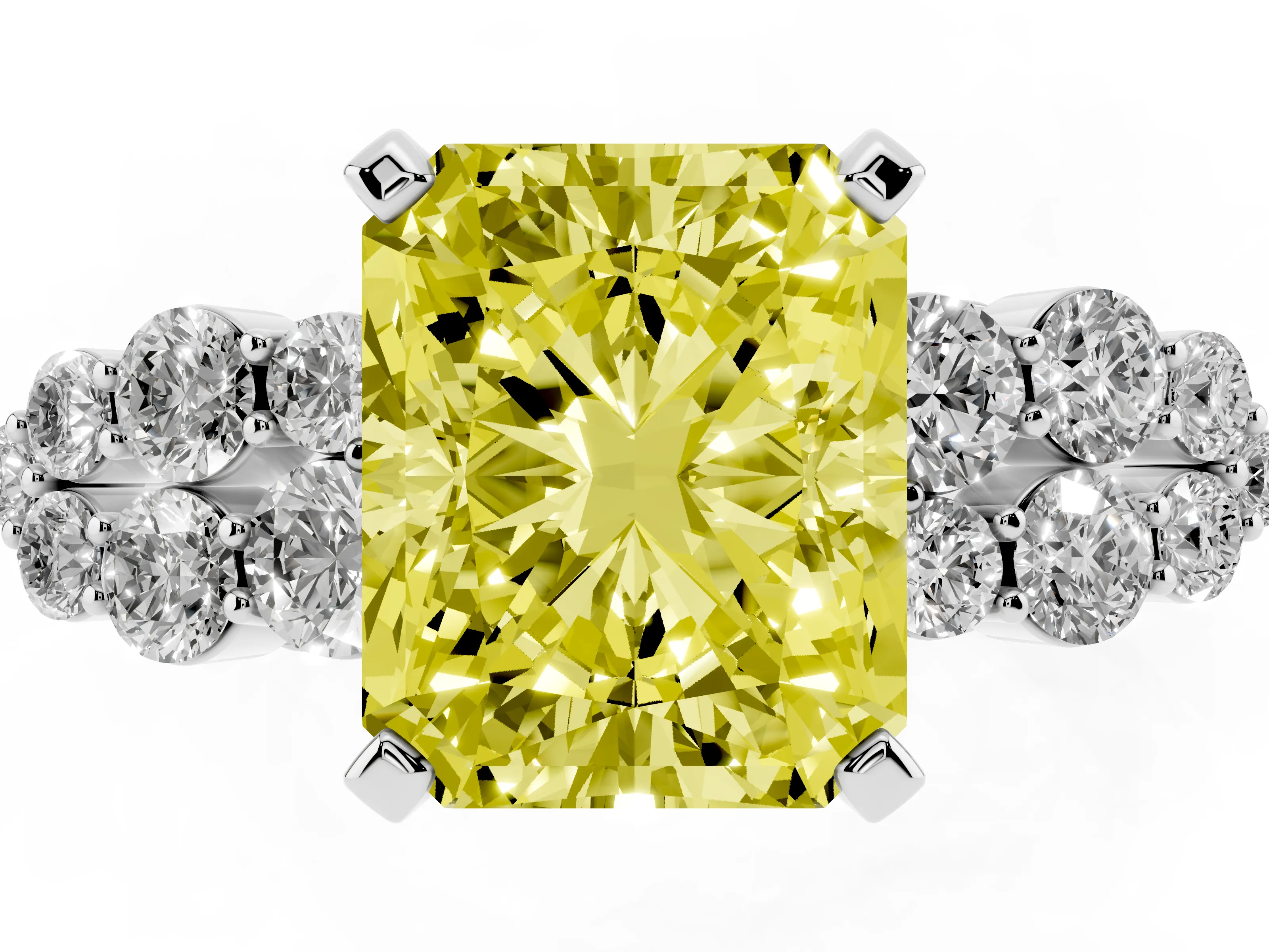 Fancy Yellow Radiant Cut Diamond Cluster Engagement Ring Set in Platinum with Pavé Band and Prong Setting