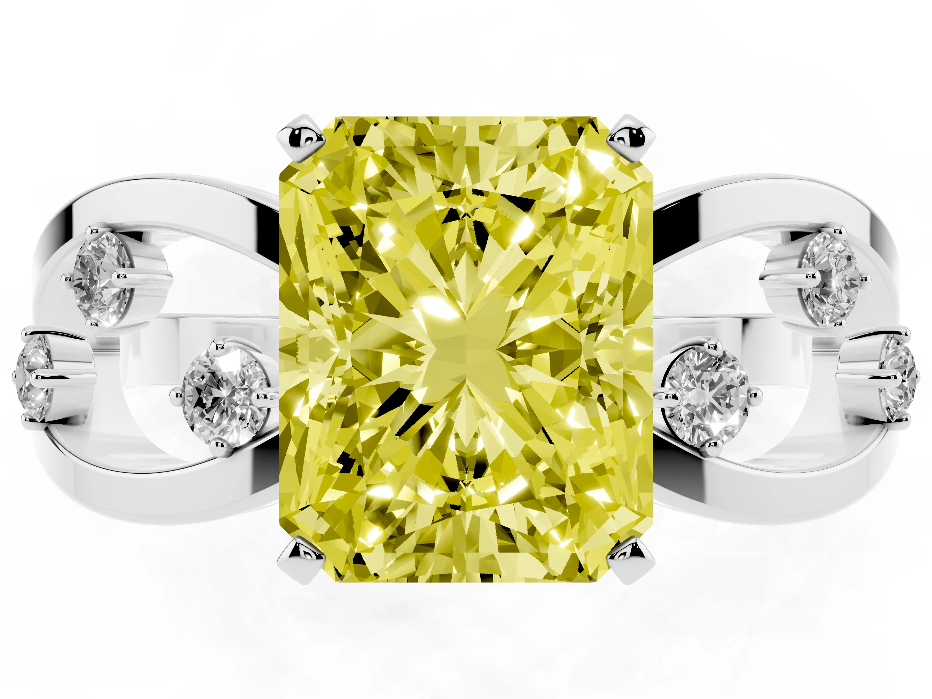 Fancy Yellow Radiant Cut Diamond Solitaire Ring Set in Platinum with Side Stones on Criss-Cross Band and Prong Setting