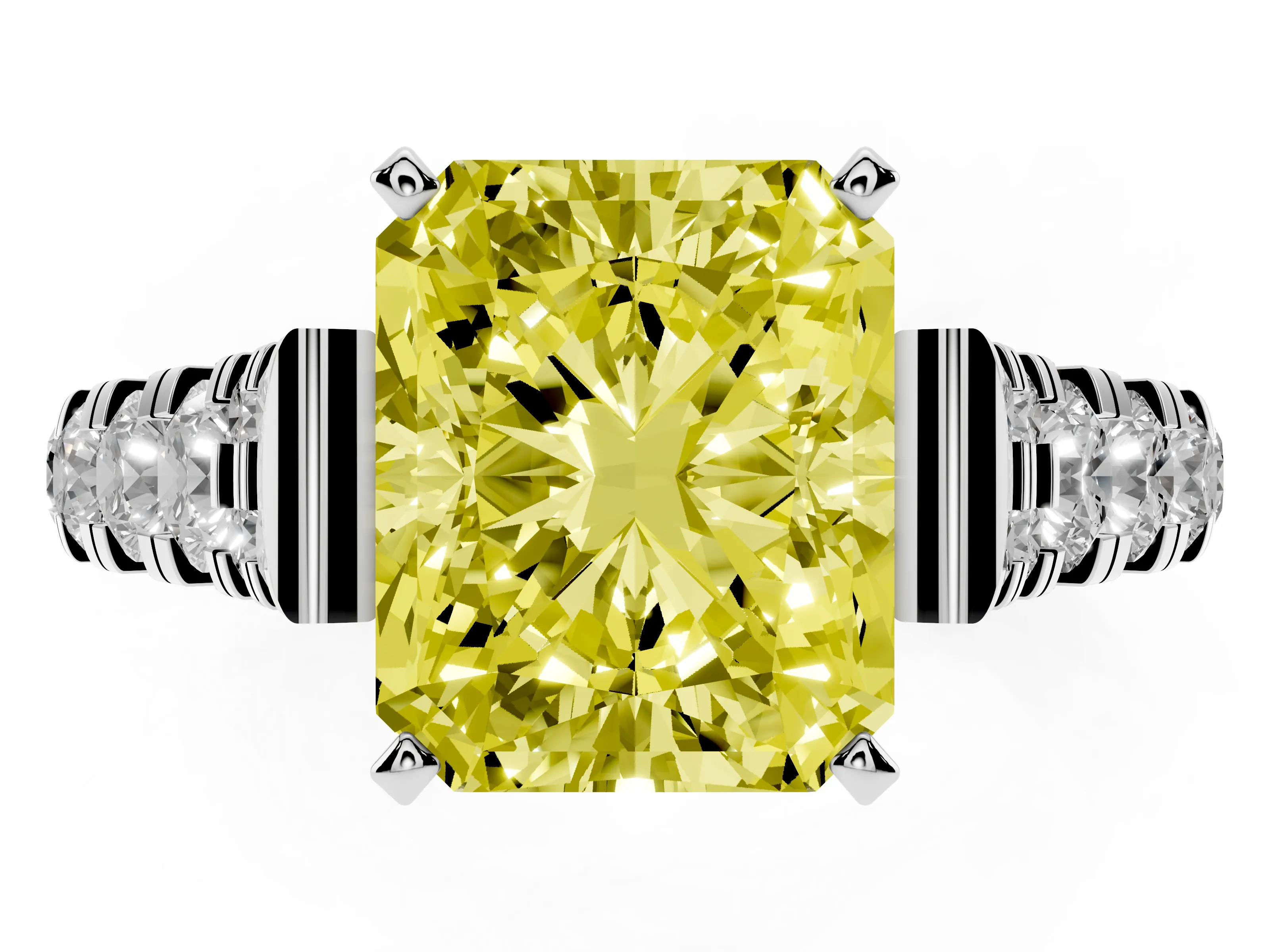 Fancy Yellow Radiant Cut Diamond Classic Solitaire Ring Set in Silver with Pavé Band and Prong Setting