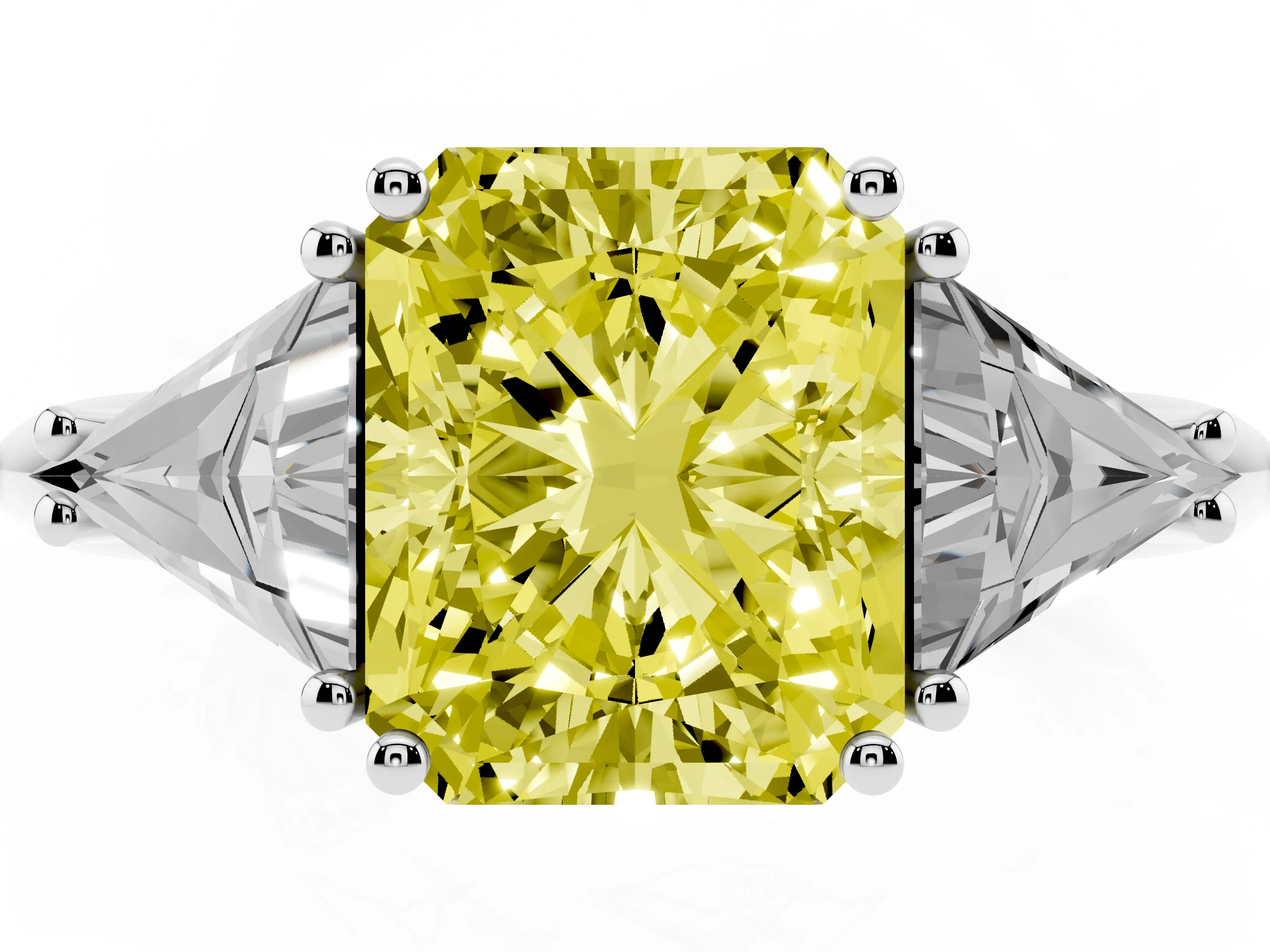 Fancy Yellow Radiant Cut Diamond Three-Stone Engagement Ring Set in Platinum with Trillion Side Stones
