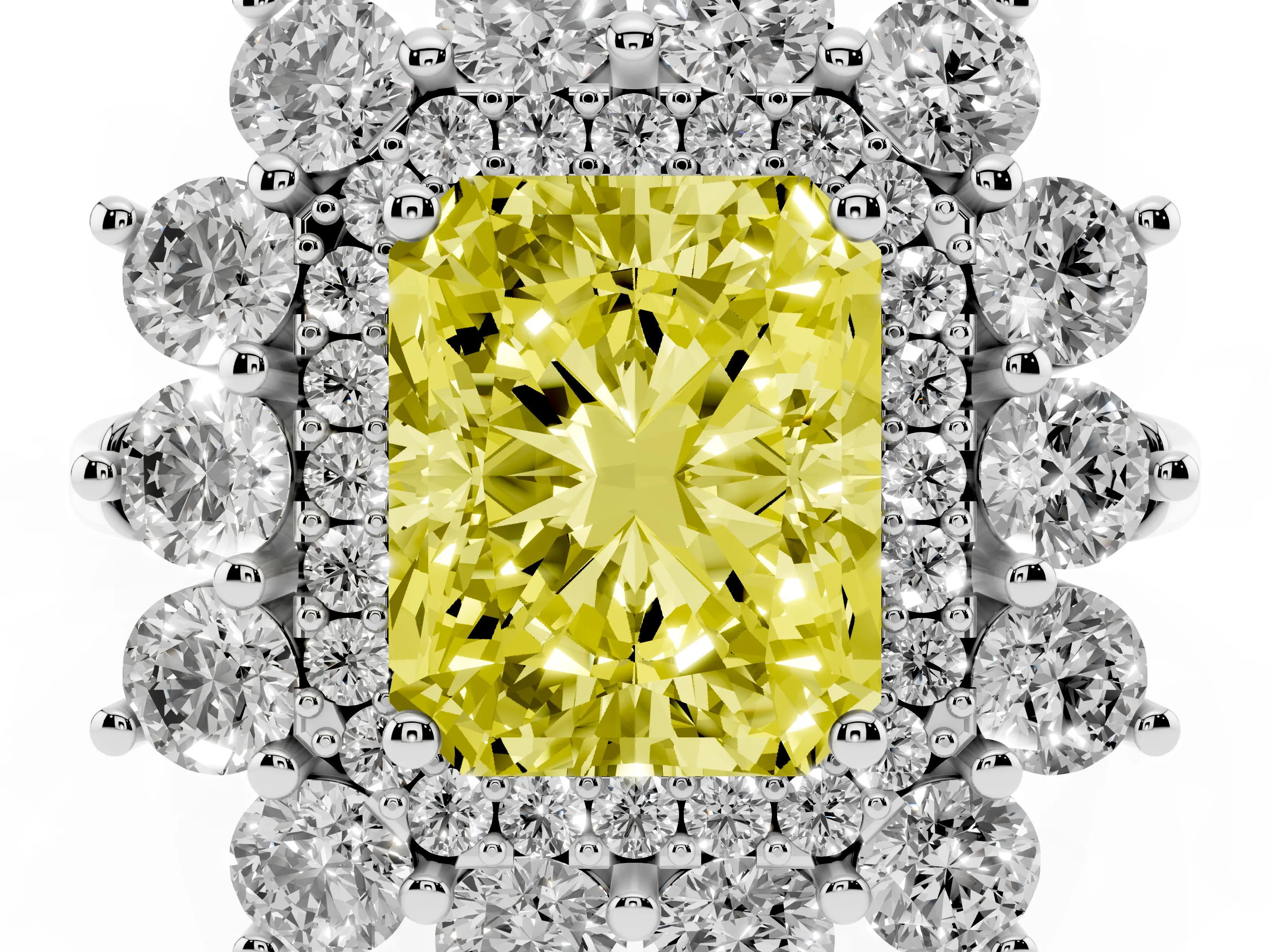 Fancy Yellow Radiant Cut Diamond Floral Double Halo Ring Set in White gold with Round Petals