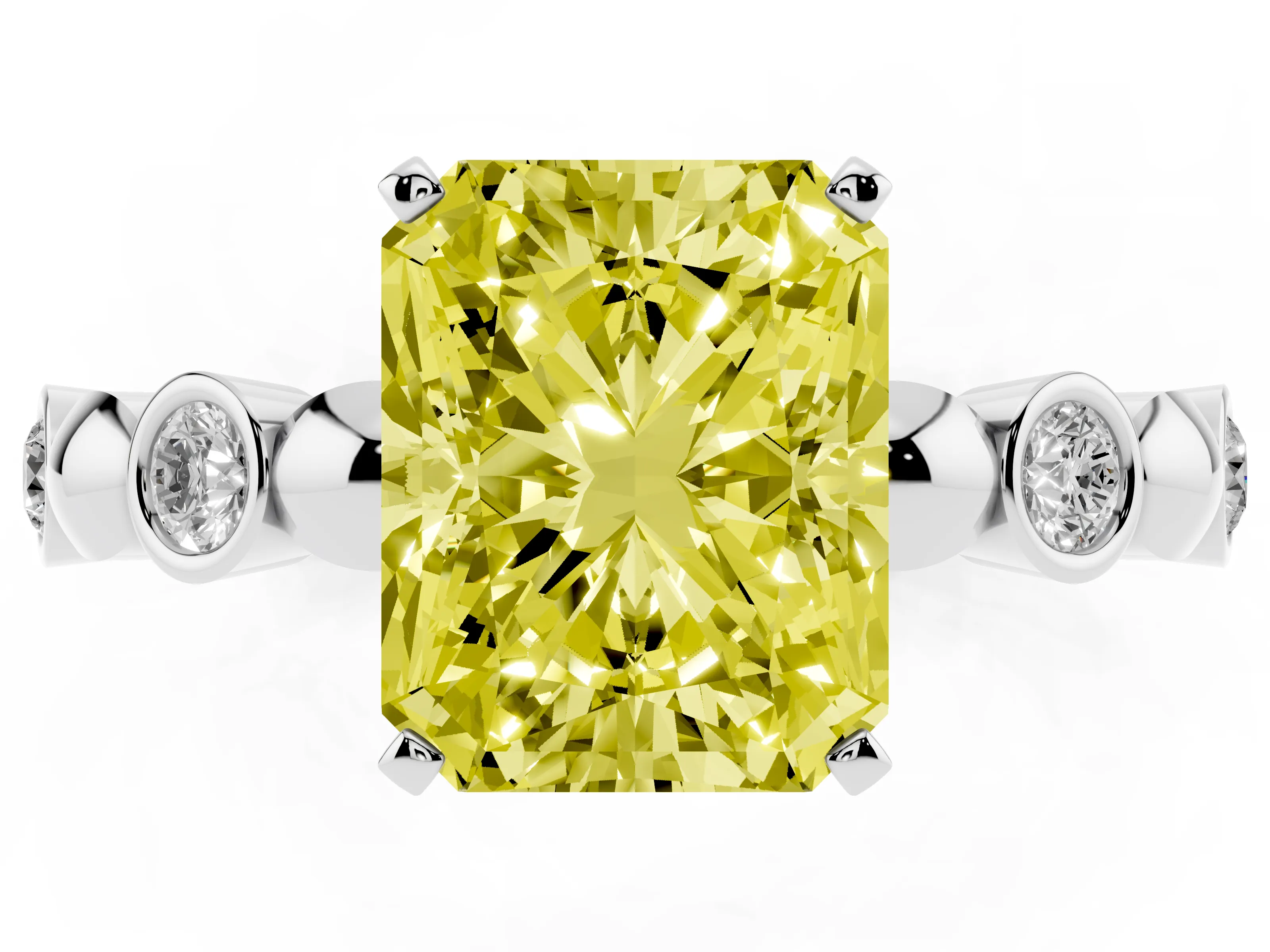 Fancy Yellow Radiant Cut Diamond Solitaire Ring Set in White gold with Bezel-Set Accents on Beaded Band and Prong Setting