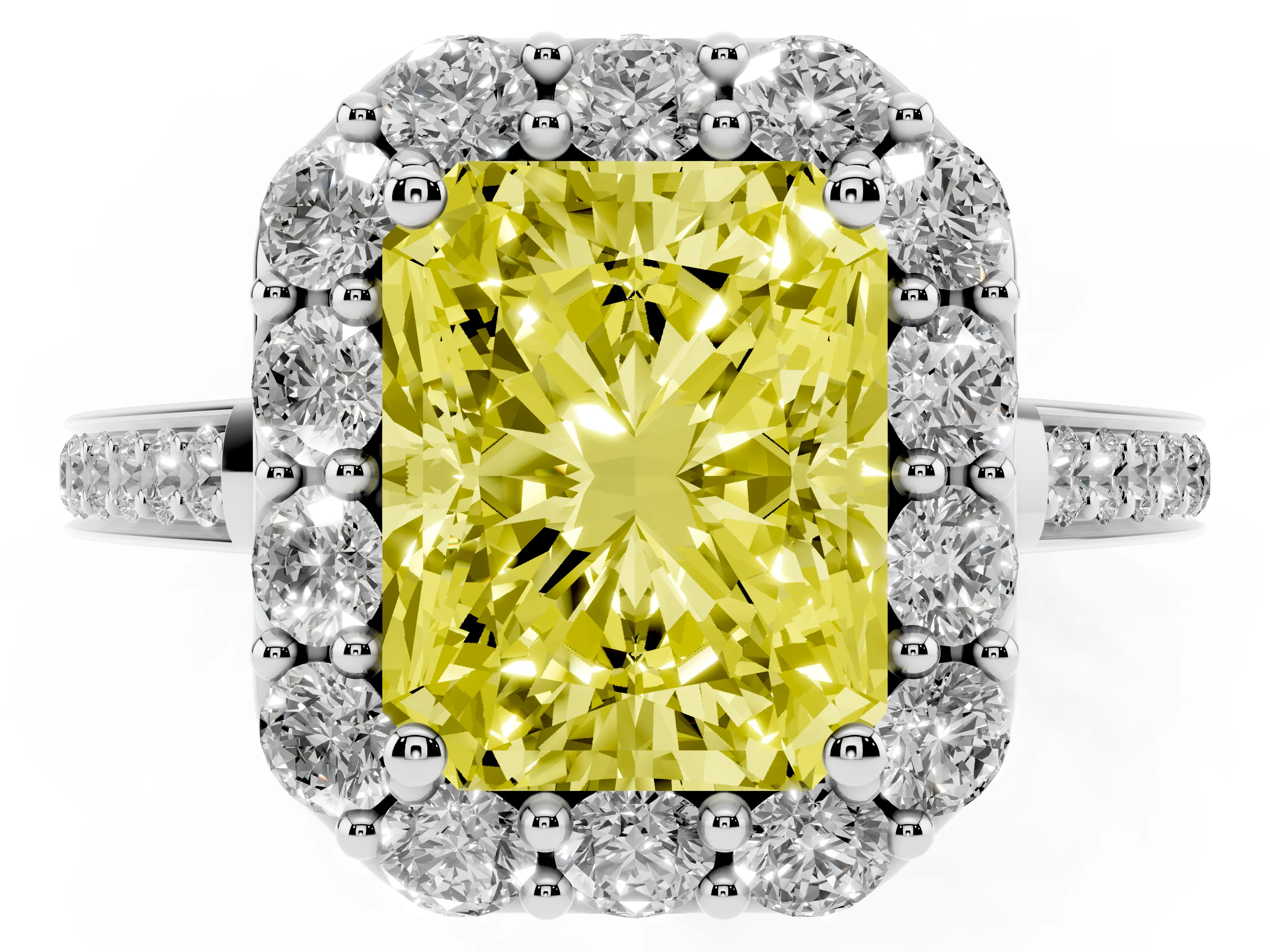 Fancy Yellow Radiant Cut Diamond Floral Halo Ring Set in Platinum with Pavé Band and Prong Setting