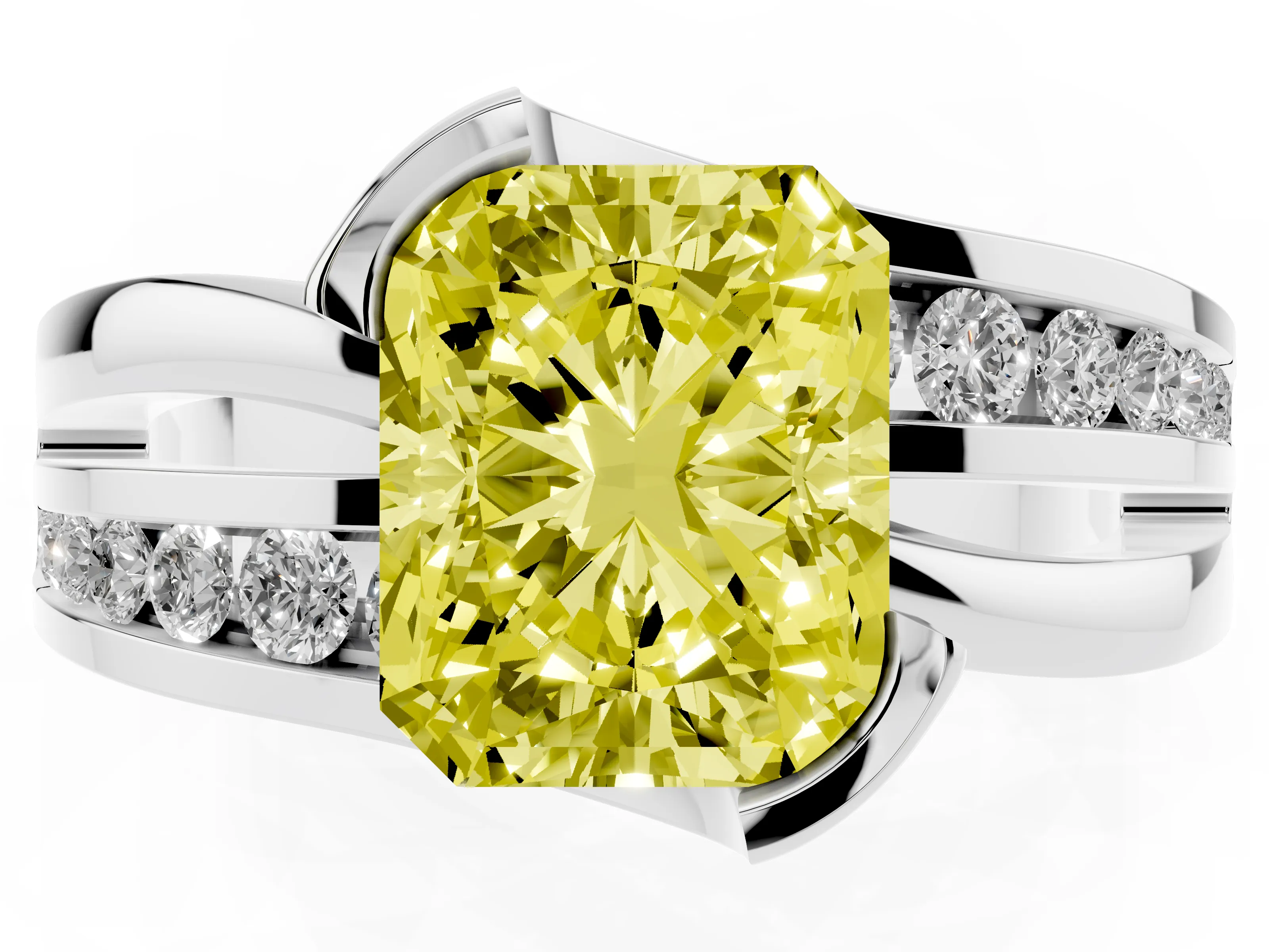 Fancy Yellow Radiant Cut Diamond Solitaire Ring Set in Platinum with Channel Set Split Shank and Tension Prongs