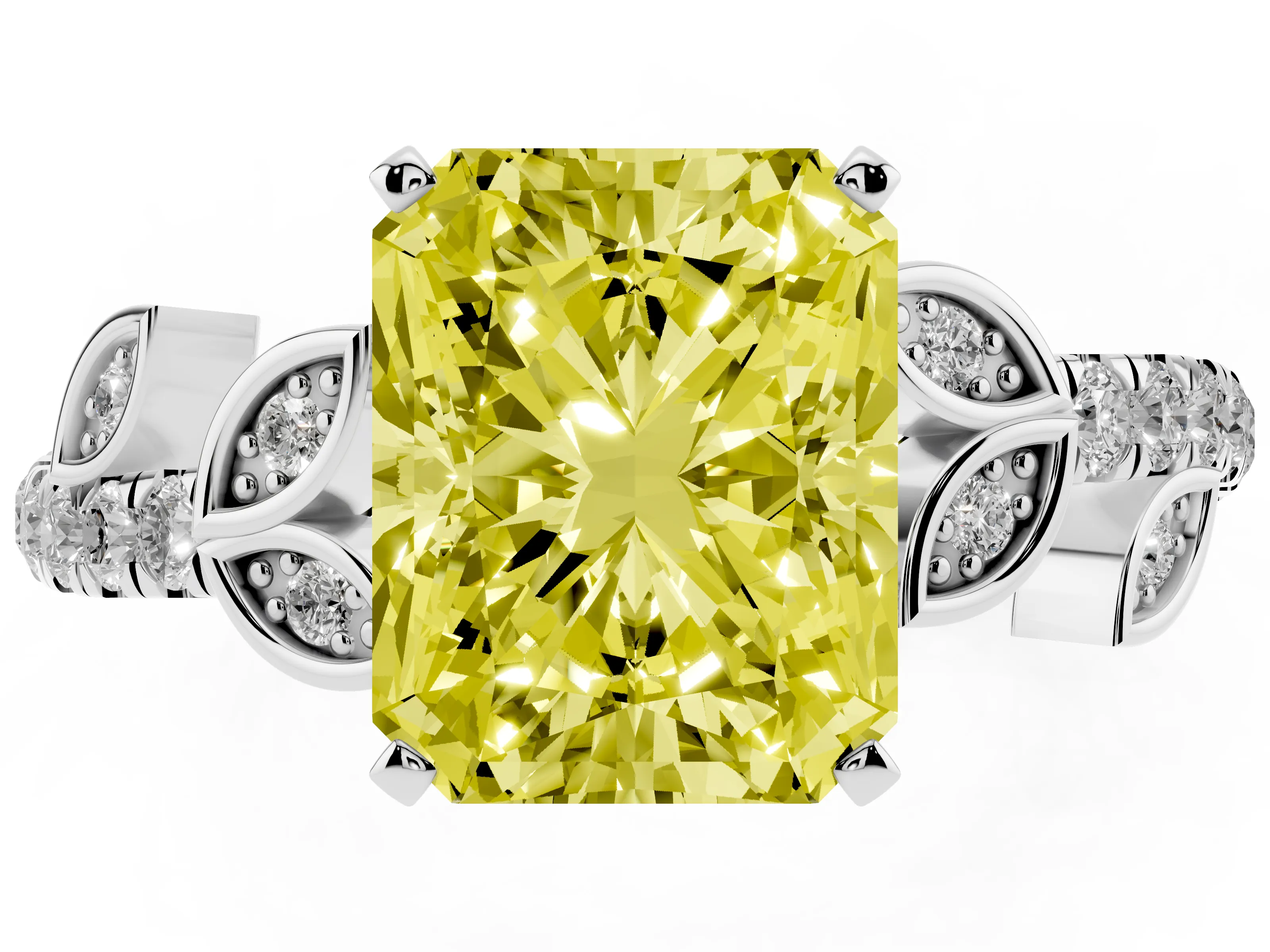 Fancy Yellow Radiant Cut Diamond Solitaire Leaf-Inspired Ring Set in Silver with Pavé Band and Prong Setting