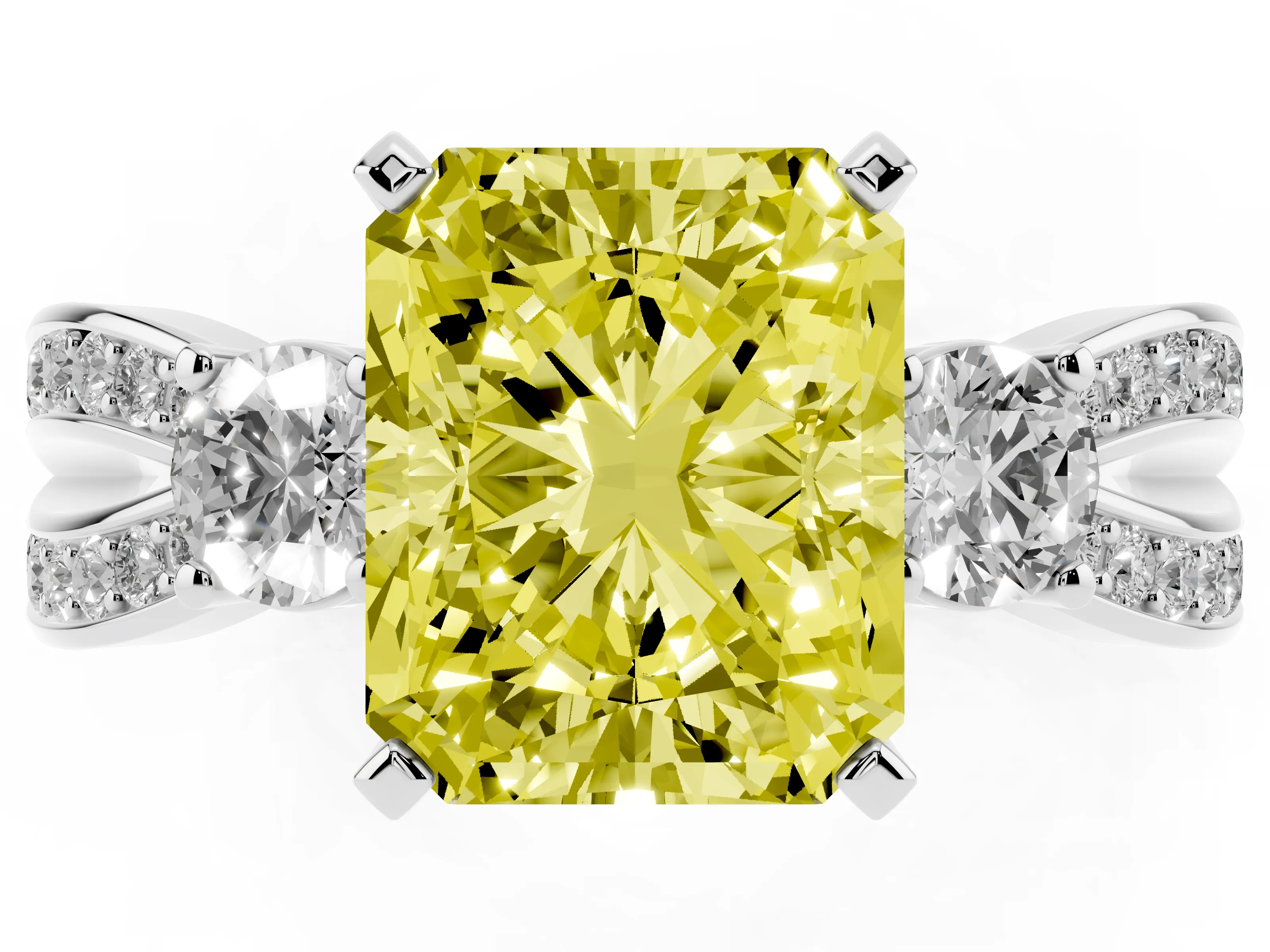 Fancy Yellow Three-Stone Radiant Cut Diamond Twist Band Ring Set in Platinum with Pavé Accents and Prong Setting