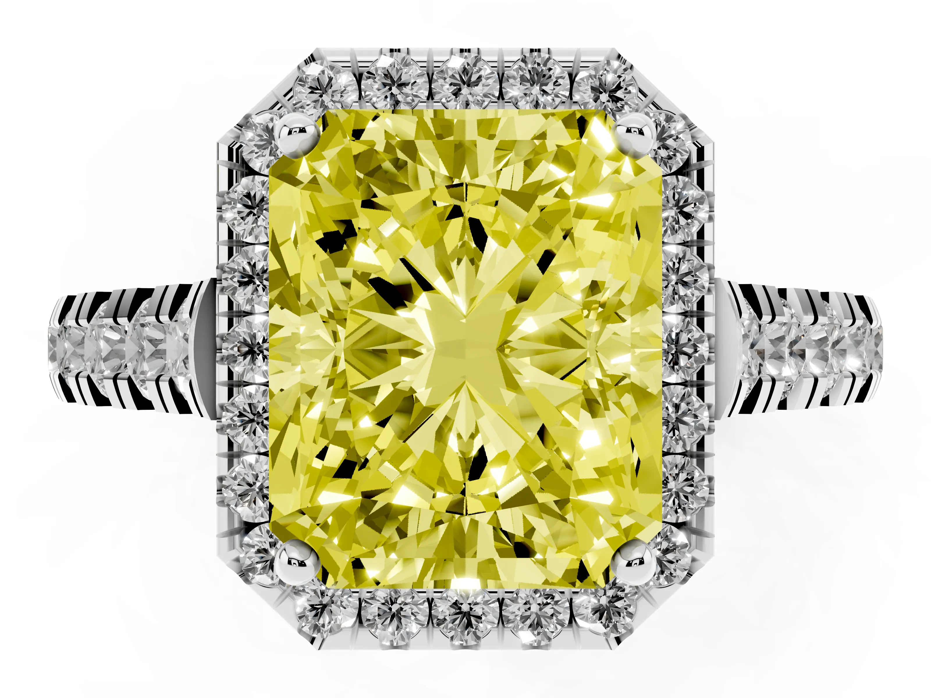 Fancy Yellow Radiant Cut Diamond Halo Engagement Ring Set in White gold with Pavé Band and Prong-Set Center