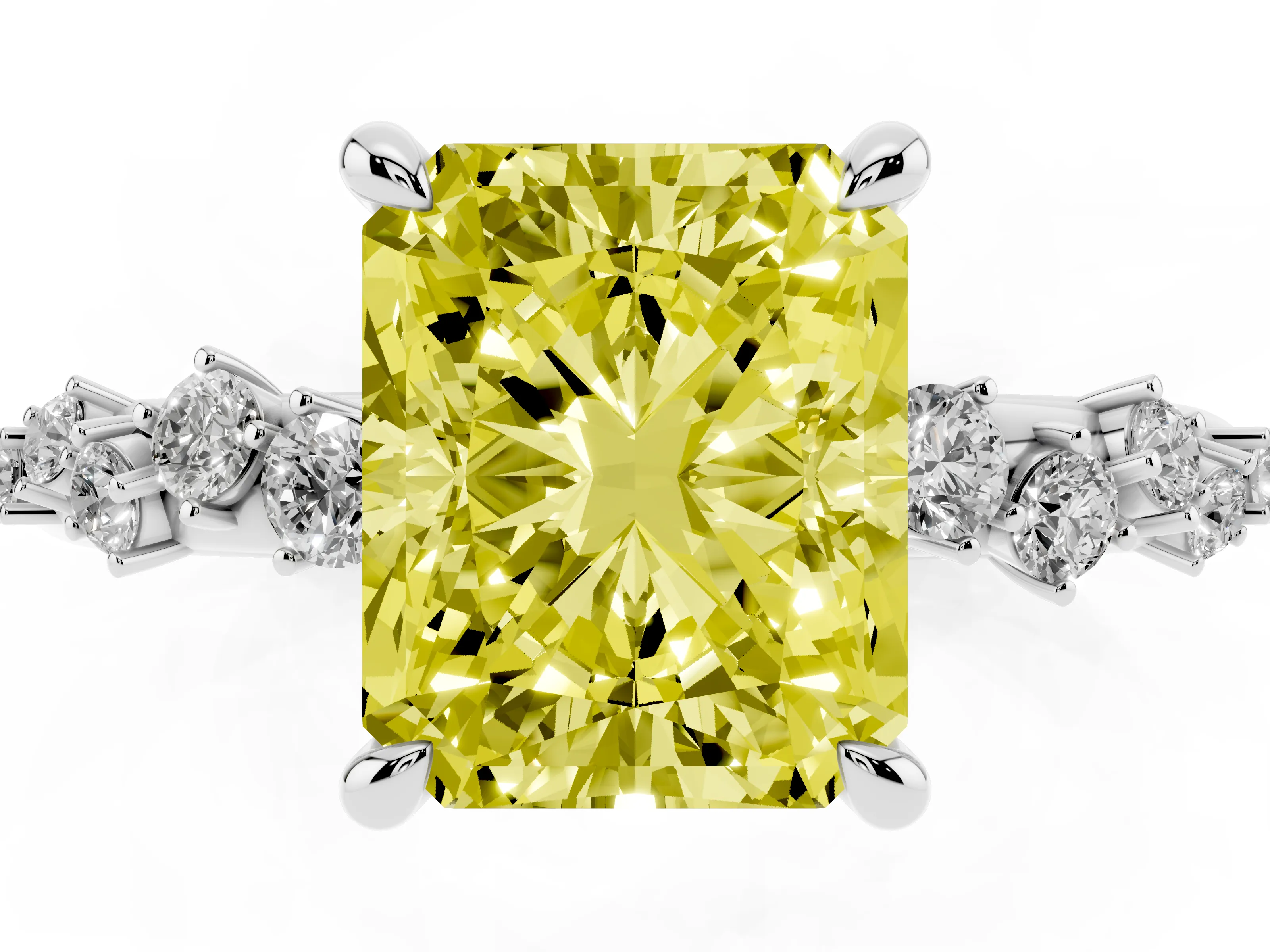 Fancy Yellow Radiant Cut Diamond Solitaire Vine Band Ring Set in Silver with Round Accents and Prong Setting