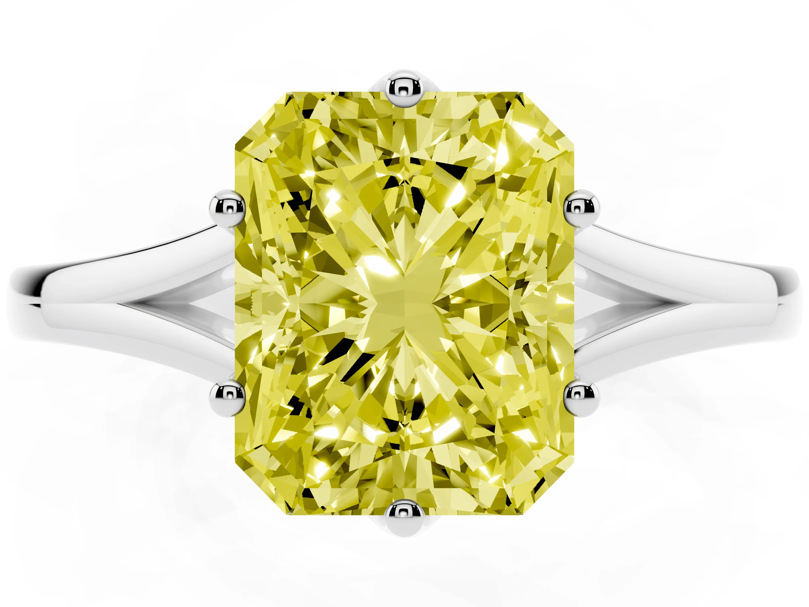 Fancy Yellow Radiant Cut Diamond Solitaire Ring Set in Platinum with Polished Tapered Band and Prong Setting