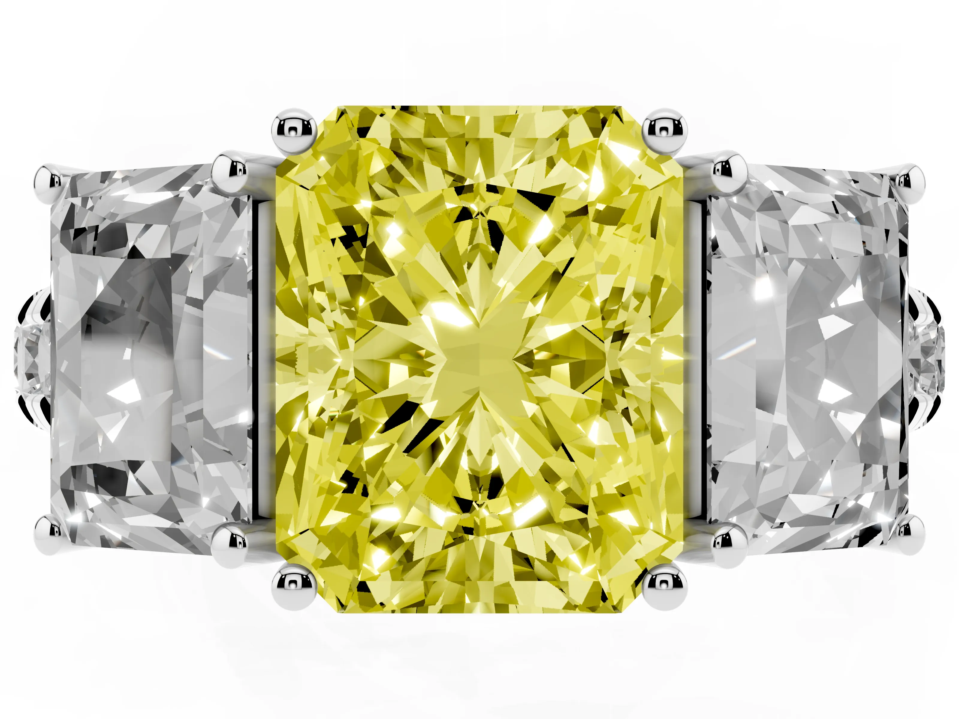 Fancy Yellow Radiant Cut Diamond Three-Stone Ring Set in Platinum with Pavé Band