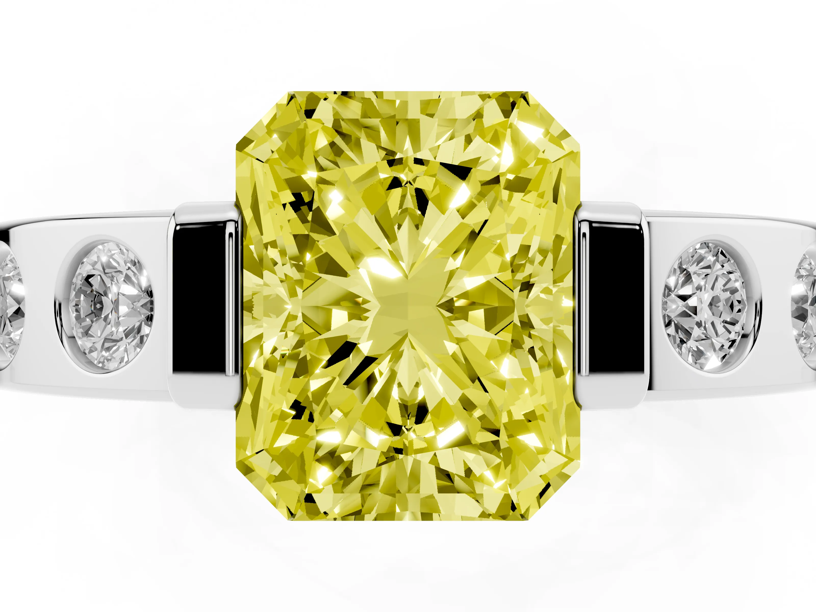 Fancy Yellow Radiant Cut Diamond Channel-Set Band Ring Set in Platinum with Bezel Prong Setting