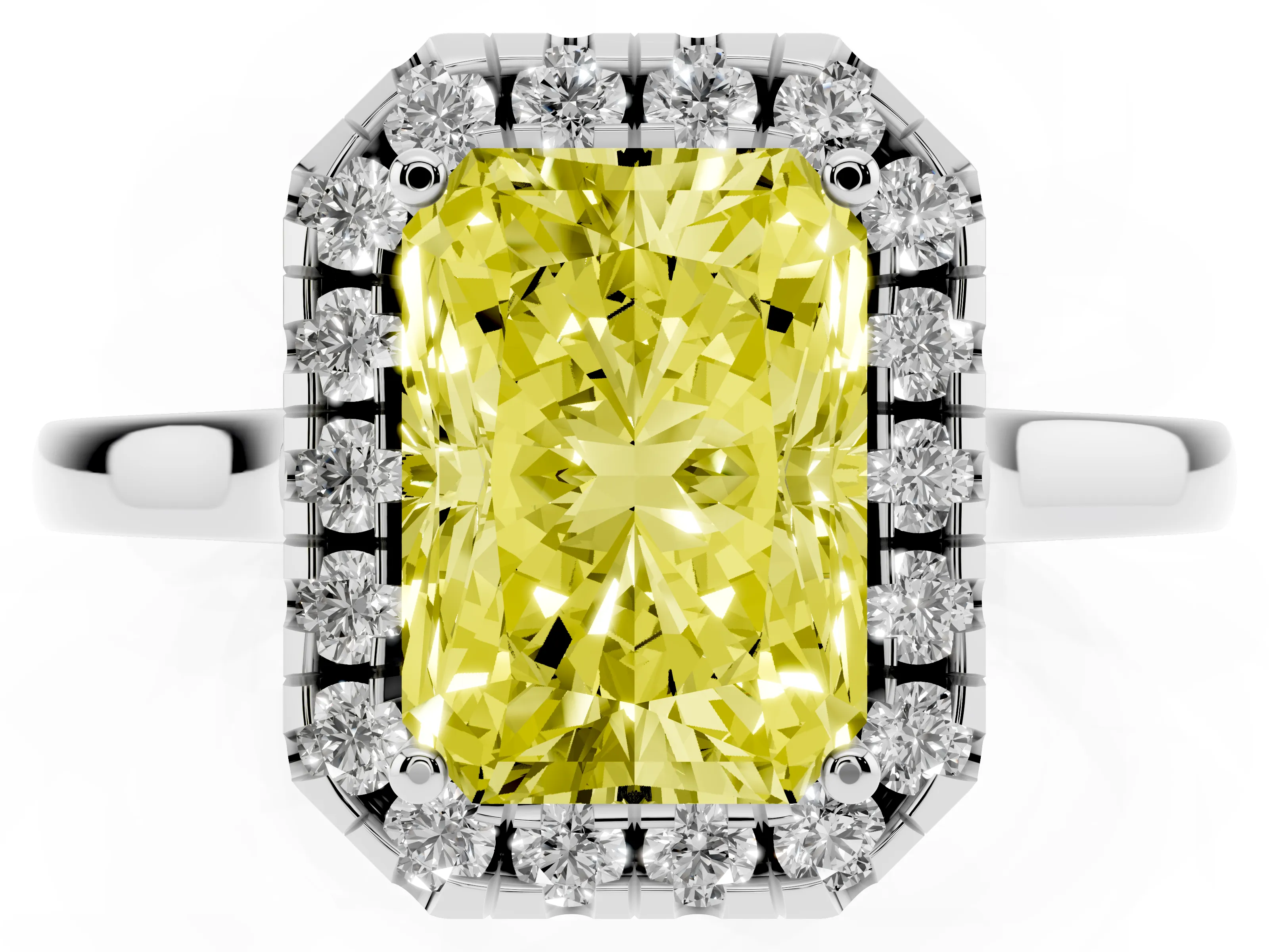 Fancy Yellow Radiant Cut Halo Round Diamond Solitaire Ring Set in White gold with Pavé Band and Prong Setting