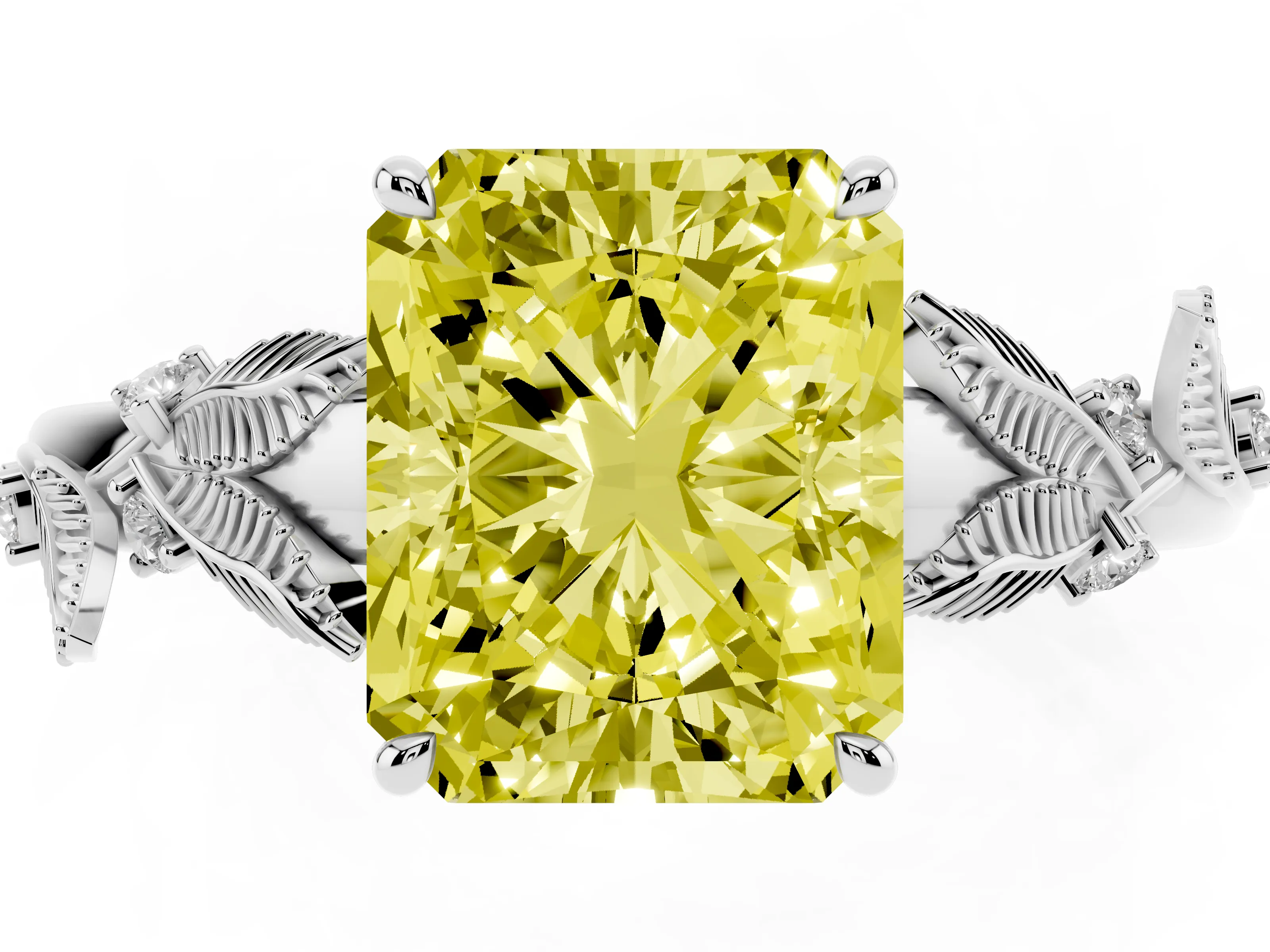 Fancy Yellow Radiant Cut Diamond Solitaire Ring Set in Silver with Leaf Motif Band