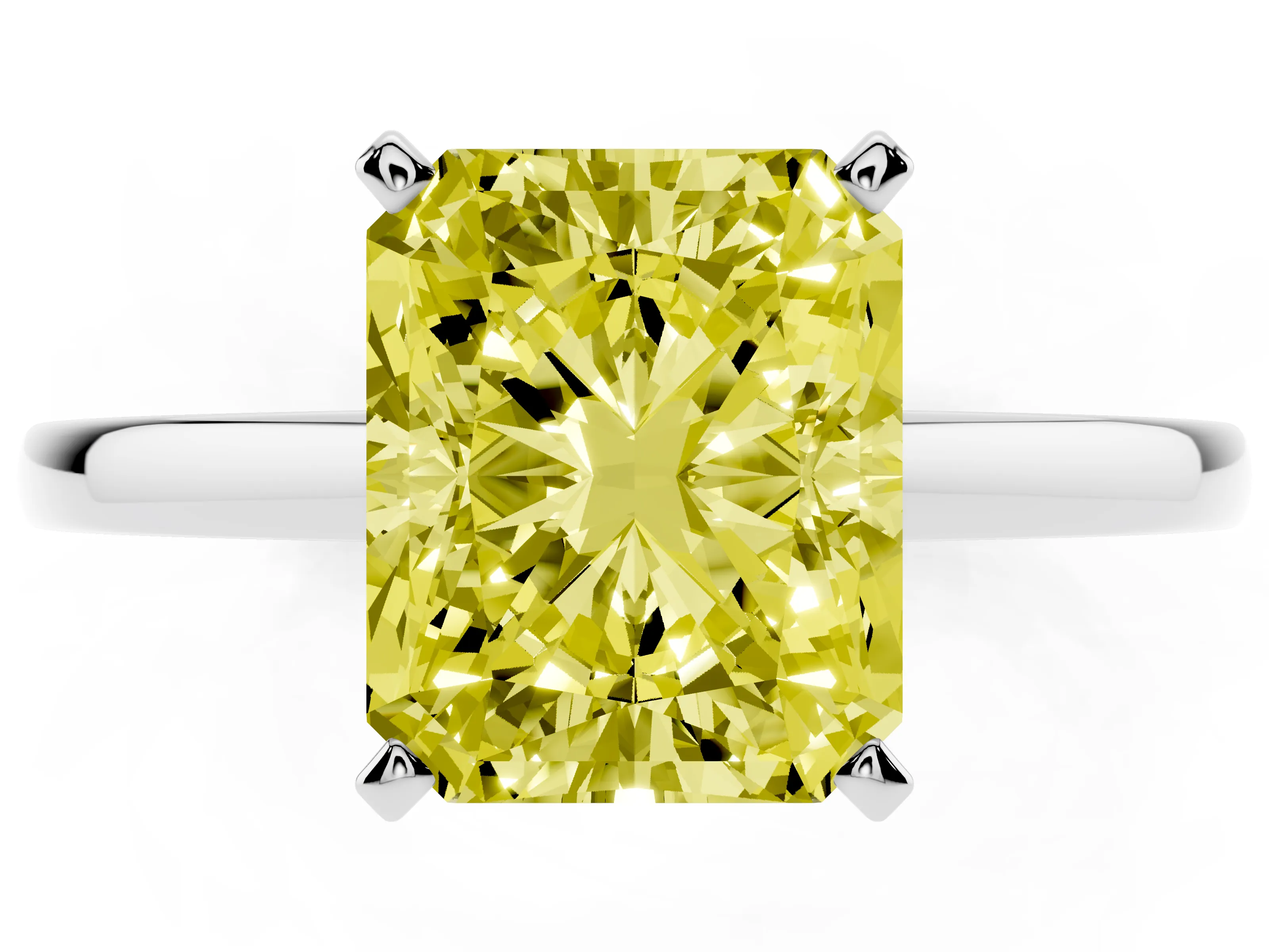 Fancy Yellow Radiant Cut Diamond Solitaire Engagement Ring Set in Platinum with Prong Setting on a Classic Band