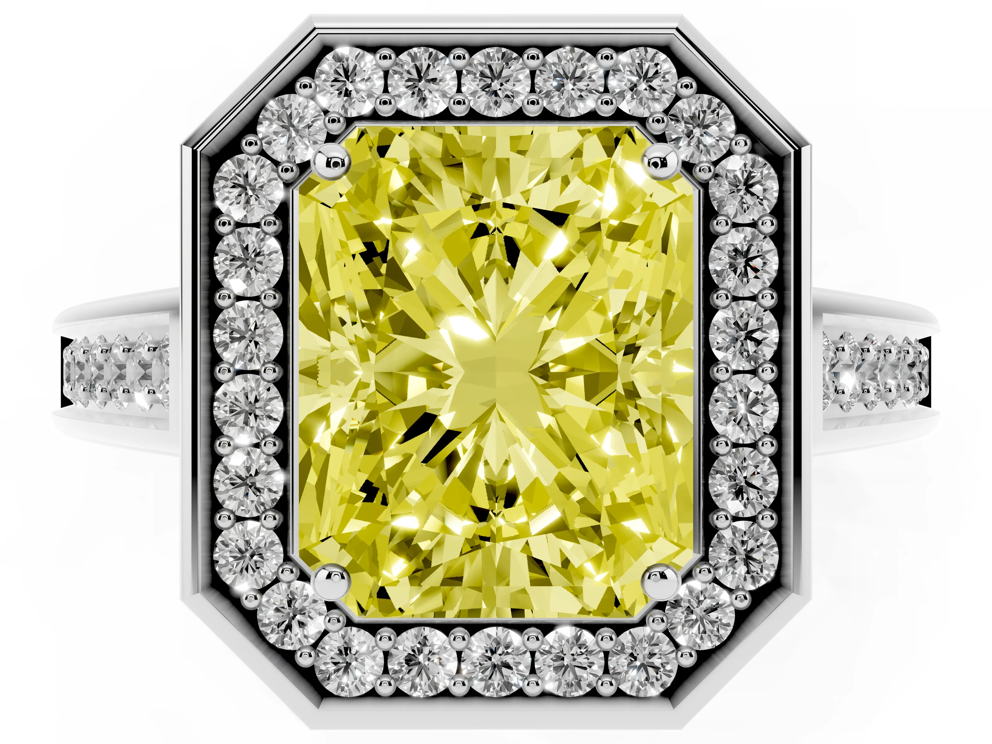 Fancy Yellow Radiant Cut Diamond Halo Solitaire Ring Set in Silver with Pavé Band and Bezel Setting