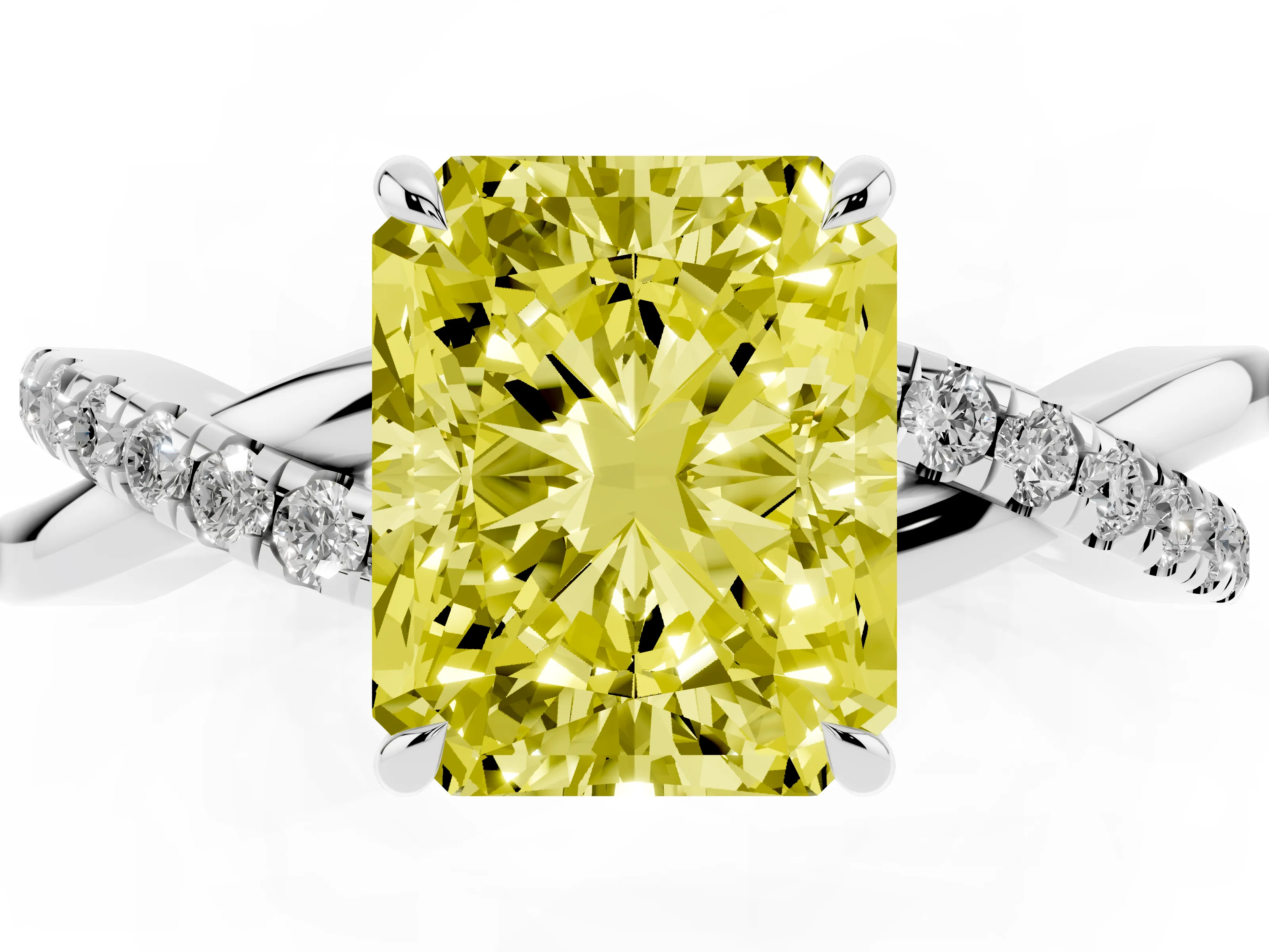 Fancy Yellow Radiant Cut Diamond Twisted Pavé Band Ring Set in Silver with Prong Setting