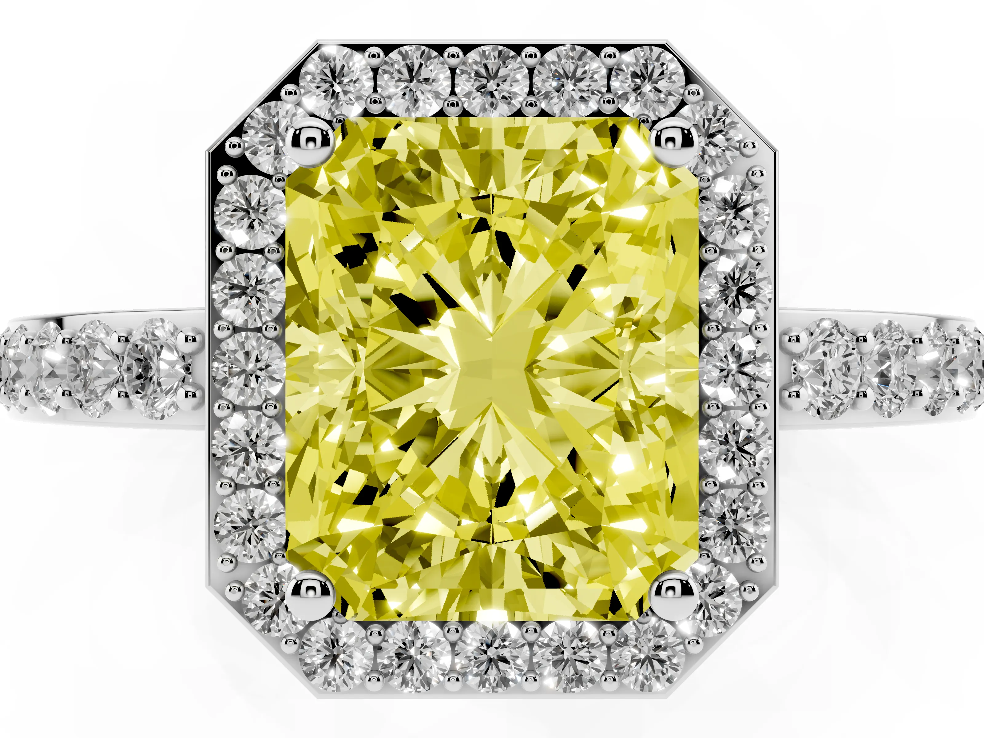 Fancy Yellow Radiant Cut Diamond Halo Ring Set in White gold with Pavé-Setting Band and Open Prong Center