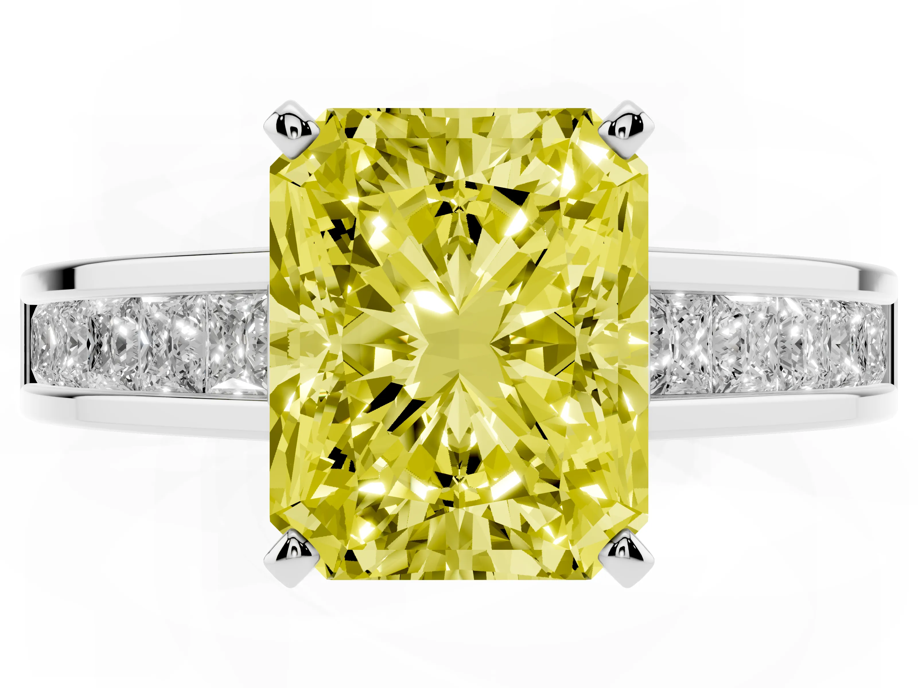 Fancy Yellow Radiant Cut Diamond Solitaire Ring Set in White gold with Channel-Set Band and Prong Setting