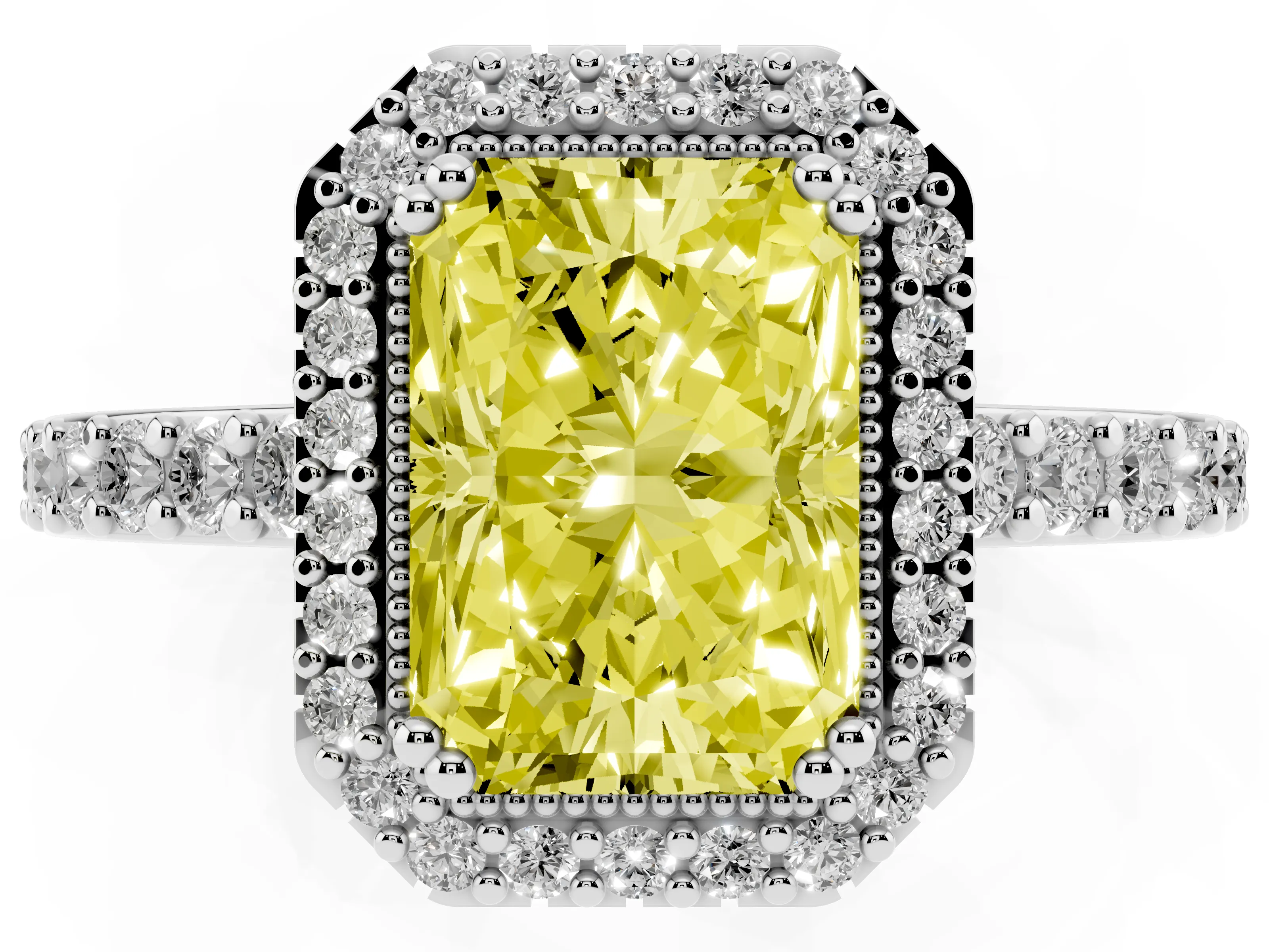 Fancy Yellow Radiant Cut Diamond Halo Engagement Ring Set in Silver with Milgrain Detail and Pavé Band