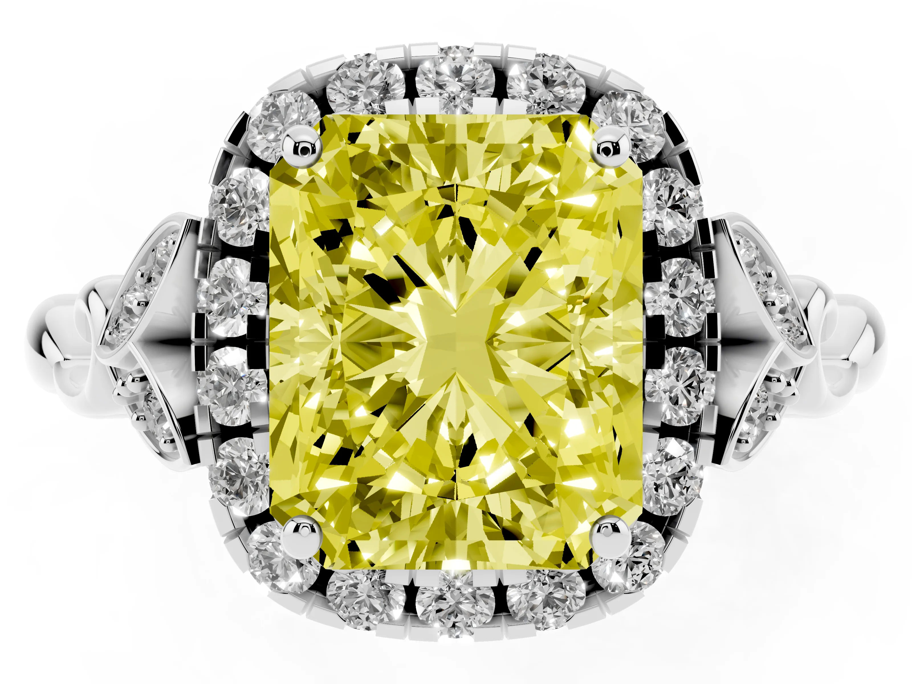 Fancy Yellow Radiant Cut Diamond Halo Engagement Ring Set in White gold with Vintage-Inspired Band and Prong Setting